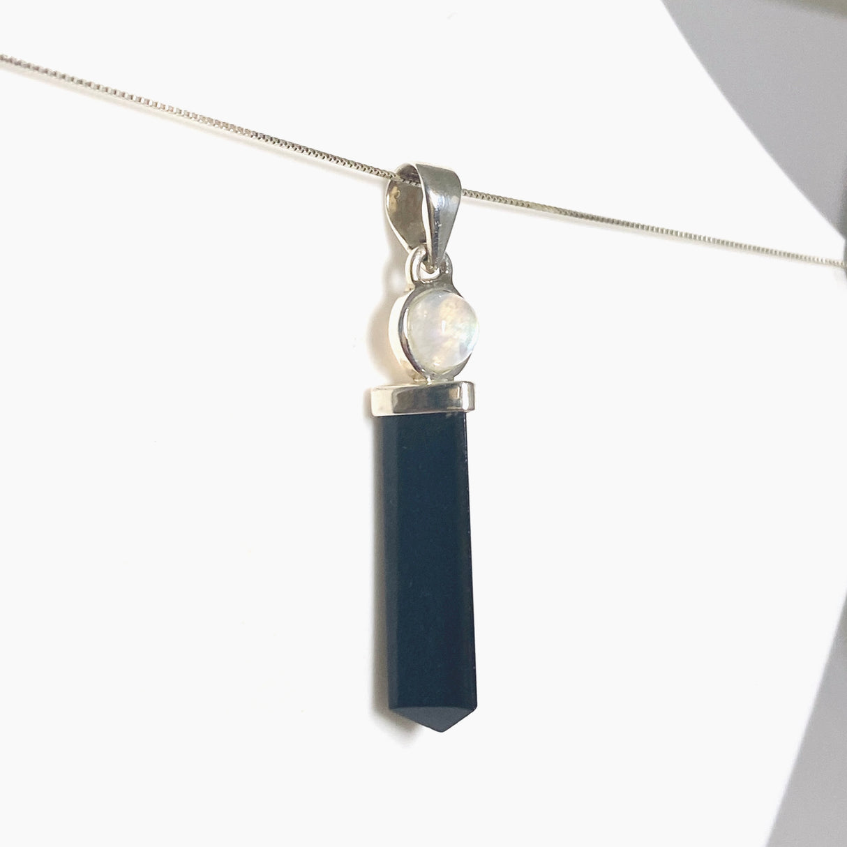 Black Tourmaline Point Pendant with Moonstone Accent Stone PPGJ1202