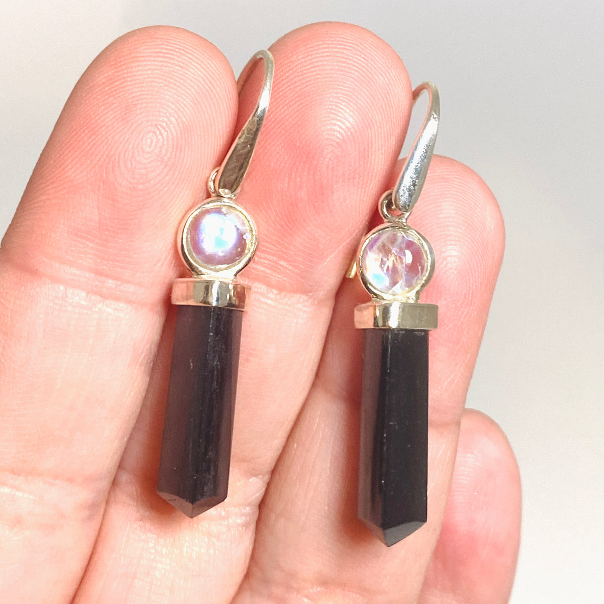 Black Tourmaline Point with Moonstone Accent Stone Earrings PEGJ362