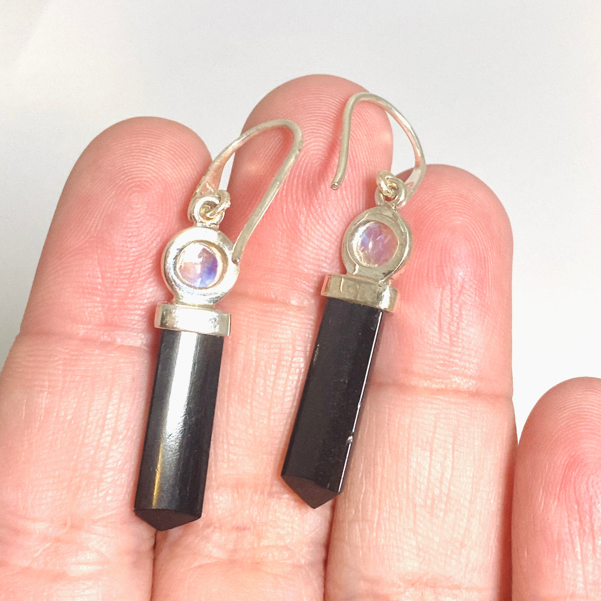 Black Tourmaline Point with Moonstone Accent Stone Earrings PEGJ362