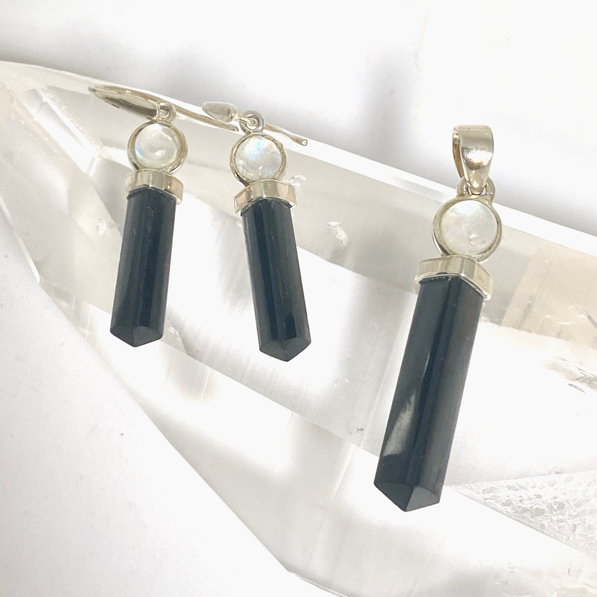 Black Tourmaline Point with Moonstone Accent Stone Earrings PEGJ362