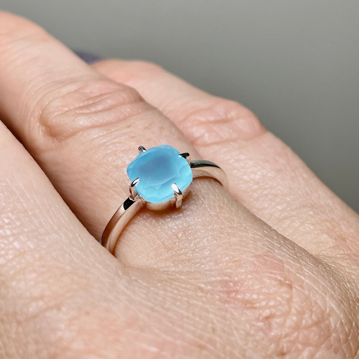 Blue Chalcedony Faceted Square Solitare Ring R4806