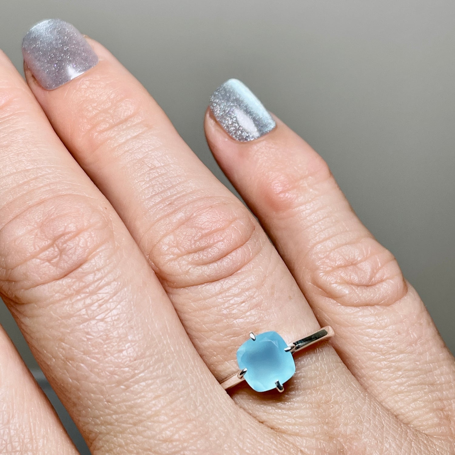 Blue Chalcedony Faceted Square Solitare Ring R4806