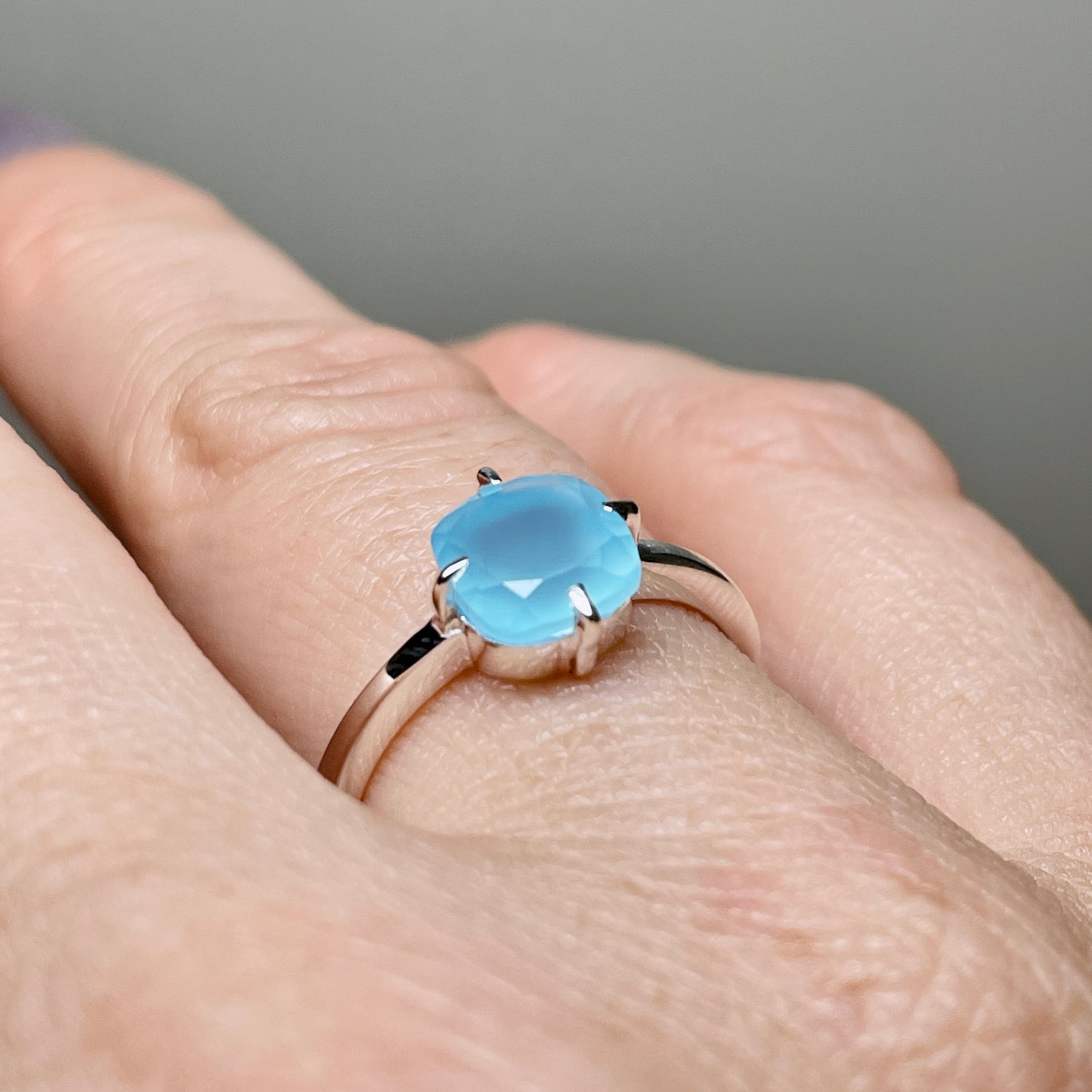 Blue Chalcedony Faceted Square Solitare Ring R4806
