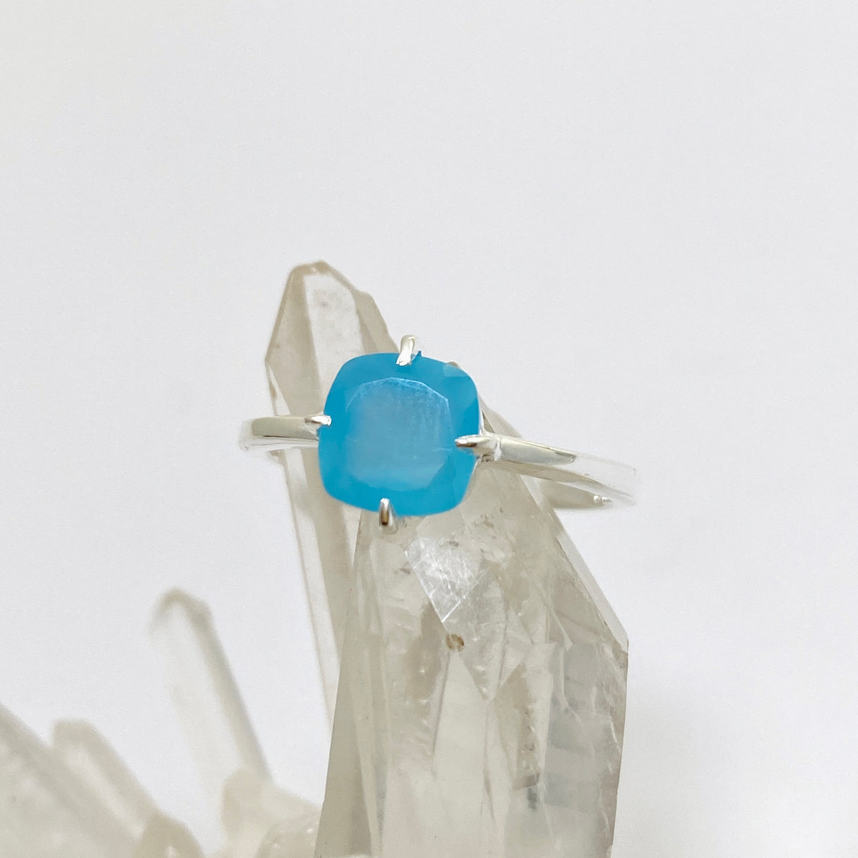 Blue Chalcedony Faceted Square Solitare Ring R4806