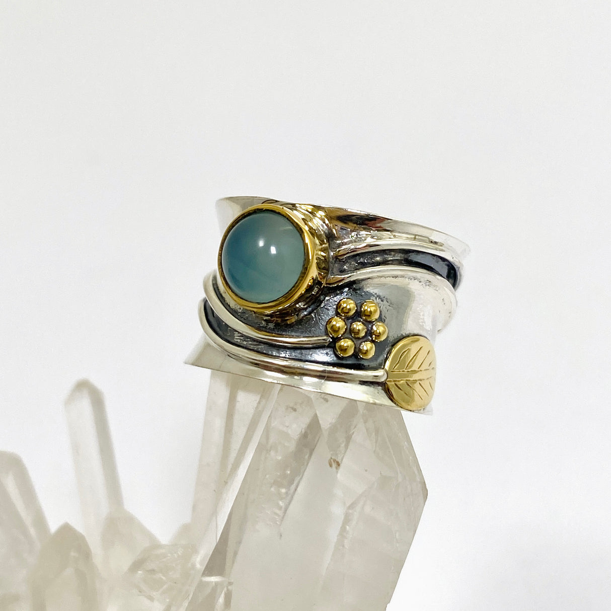 Blue Chalcedony Round Cabochon Ring in a Decorative Setting R4198