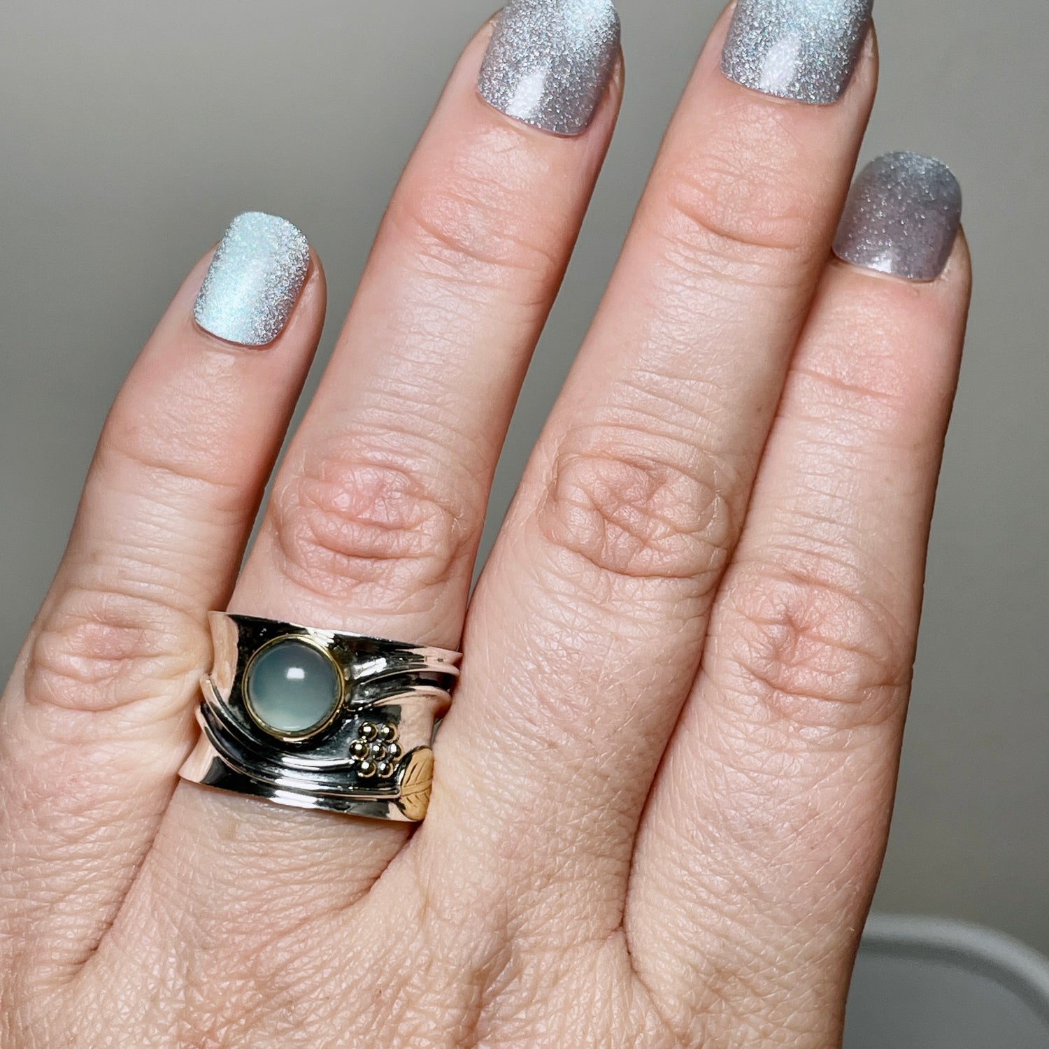 Blue Chalcedony Round Cabochon Ring in a Decorative Setting R4198