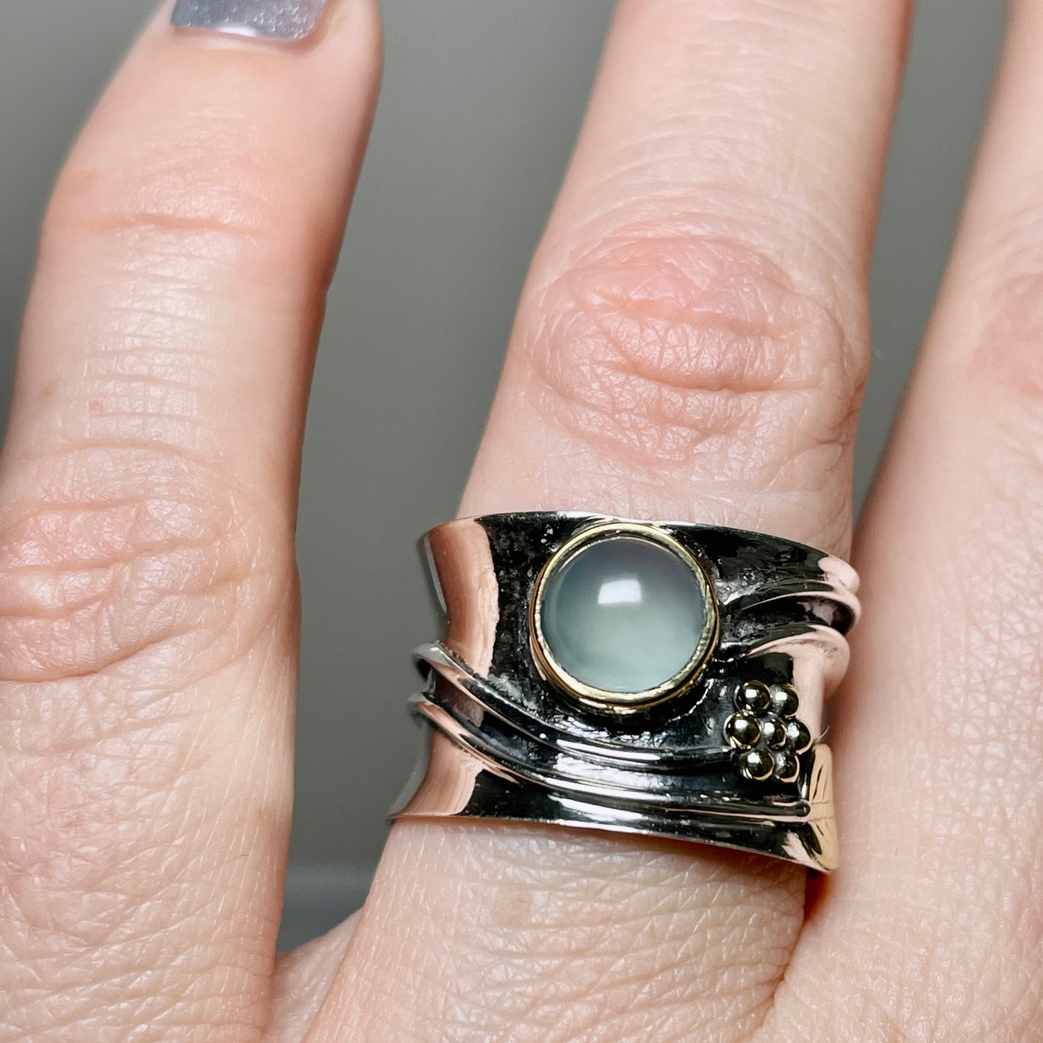 Blue Chalcedony Round Cabochon Ring in a Decorative Setting R4198