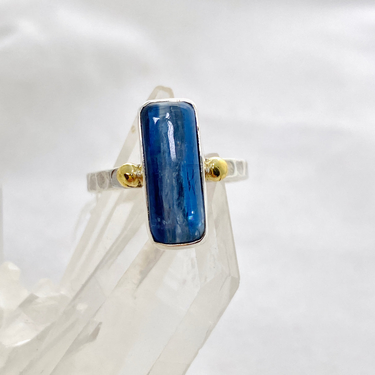 Blue Kyanite Rectangular Cabochon Ring with Brass Accents Size 8 KRGJ3279