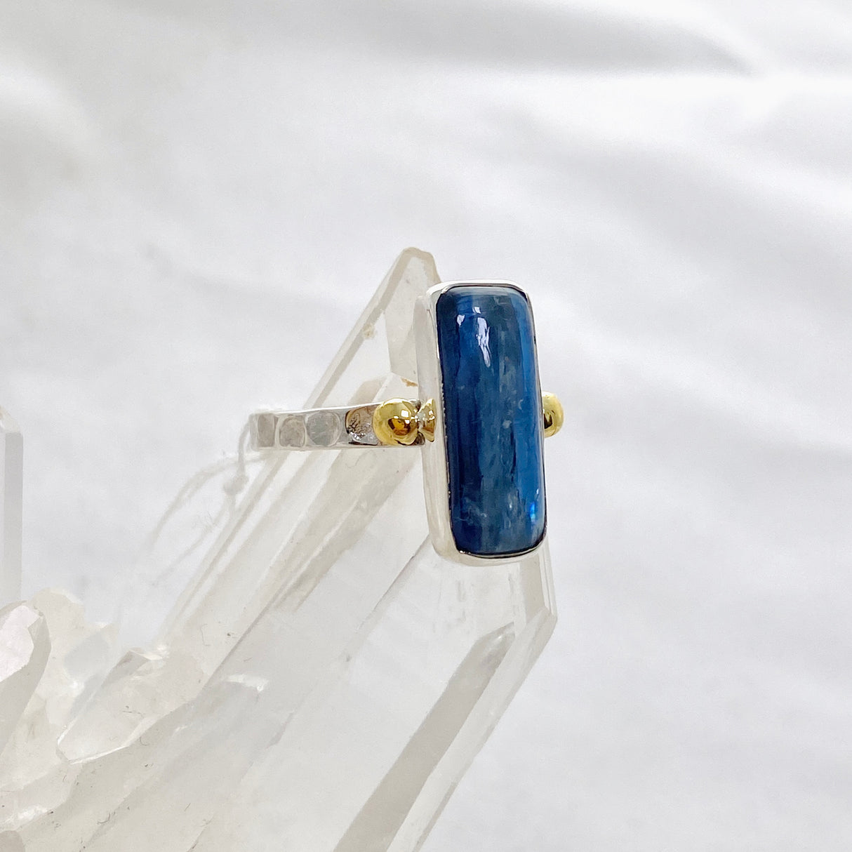Blue Kyanite Rectangular Cabochon Ring with Brass Accents Size 8 KRGJ3279