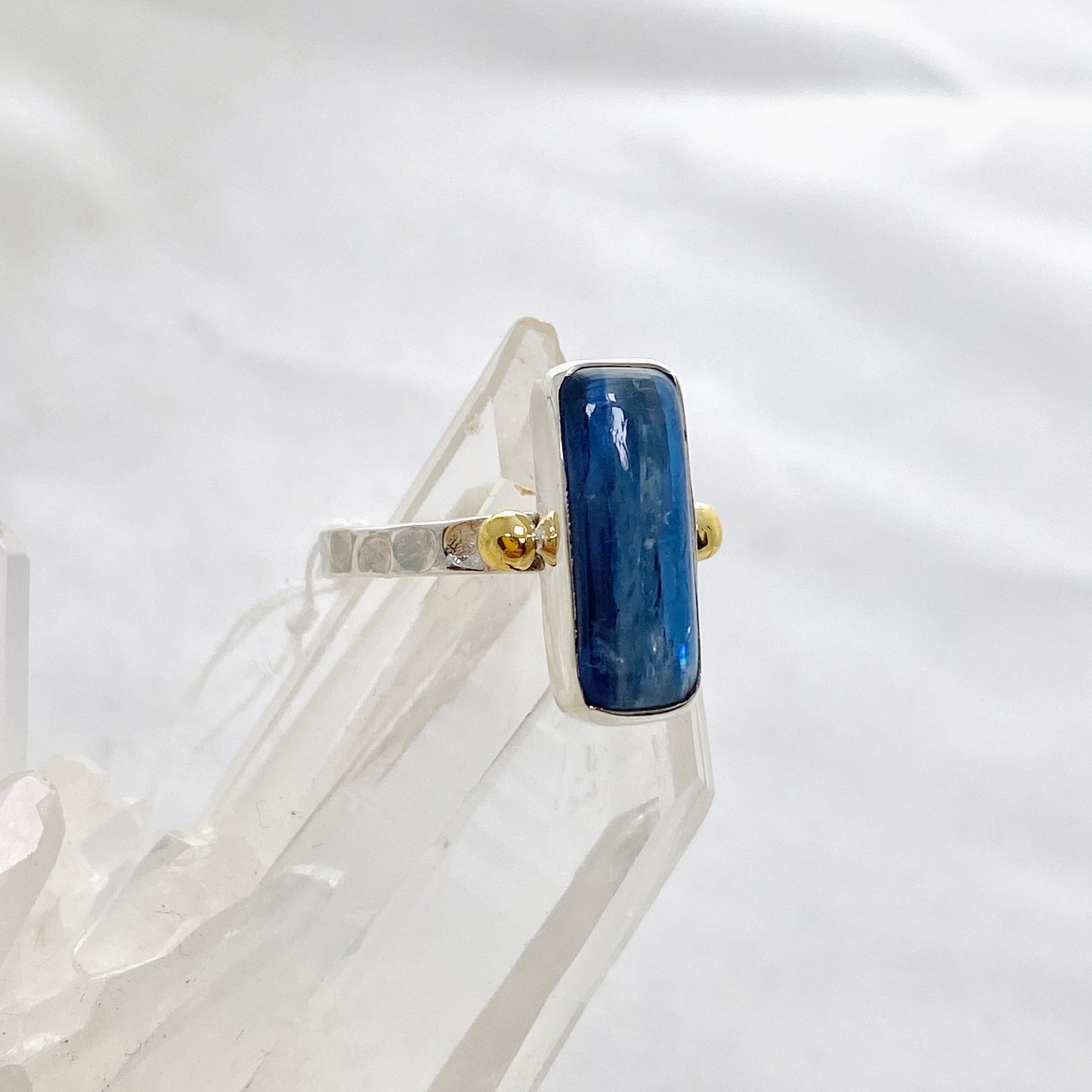 Blue Kyanite Rectangular Cabochon Ring with Brass Accents Size 8 KRGJ3279