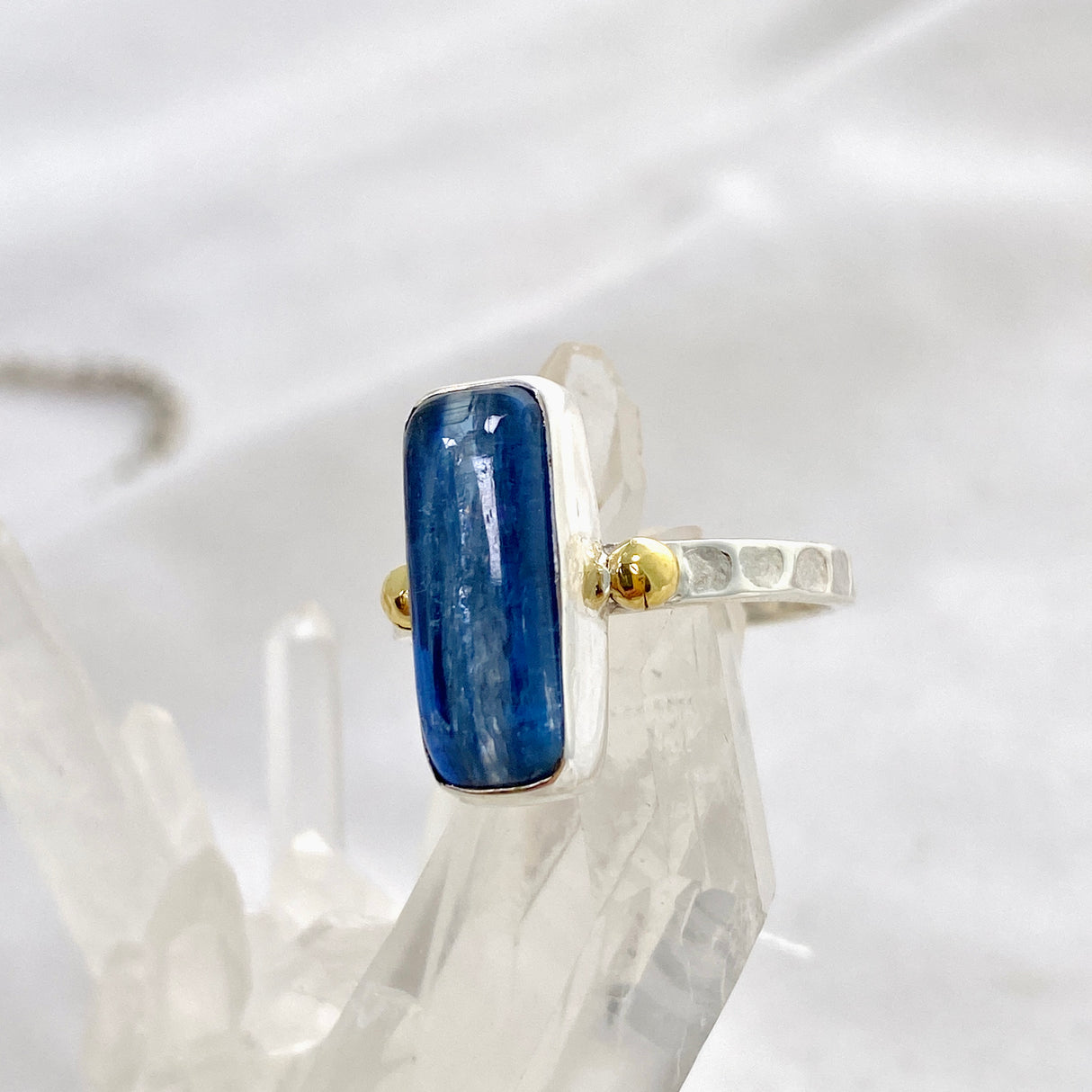 Blue Kyanite Rectangular Cabochon Ring with Brass Accents Size 8 KRGJ3279