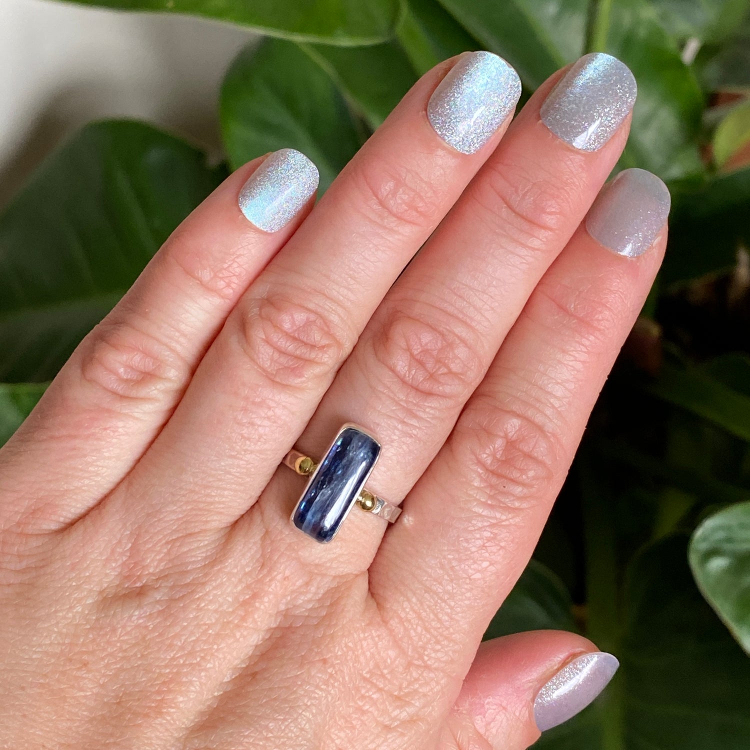 Blue Kyanite Rectangular Cabochon Ring with Brass Accents Size 8 KRGJ3279