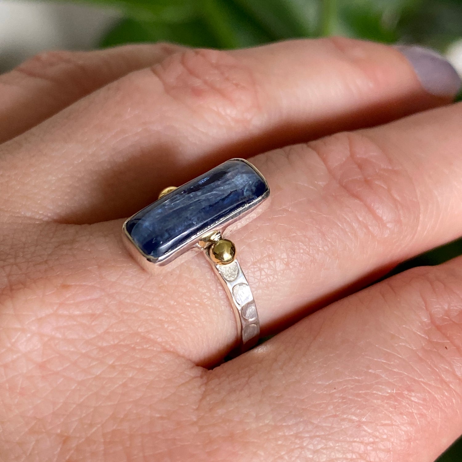 Blue Kyanite Rectangular Cabochon Ring with Brass Accents Size 8 KRGJ3279