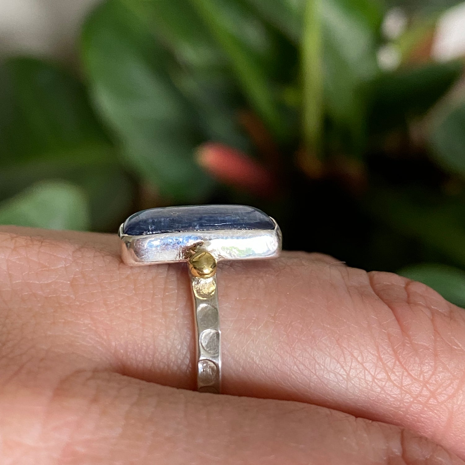 Blue Kyanite Rectangular Cabochon Ring with Brass Accents Size 8 KRGJ3279