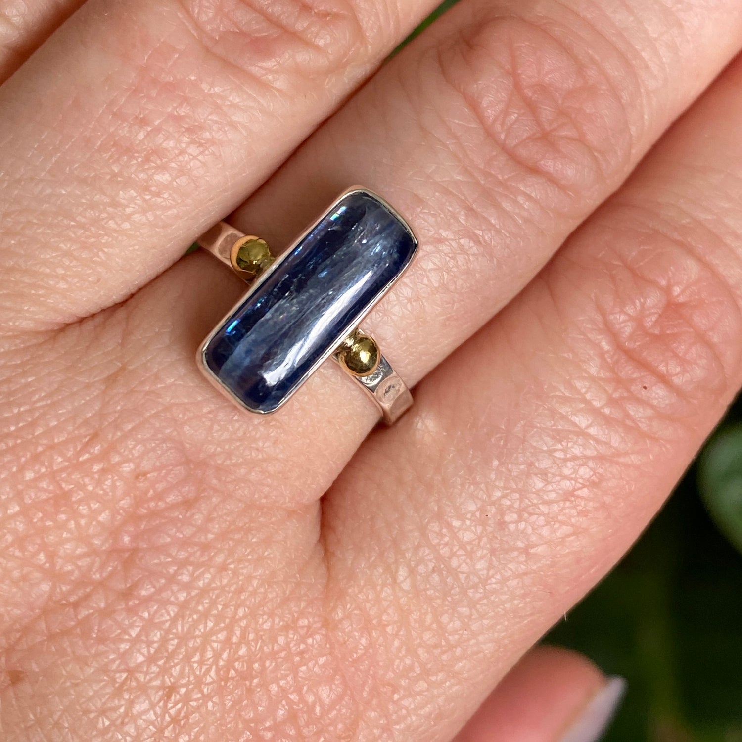 Blue Kyanite Rectangular Cabochon Ring with Brass Accents Size 8 KRGJ3279