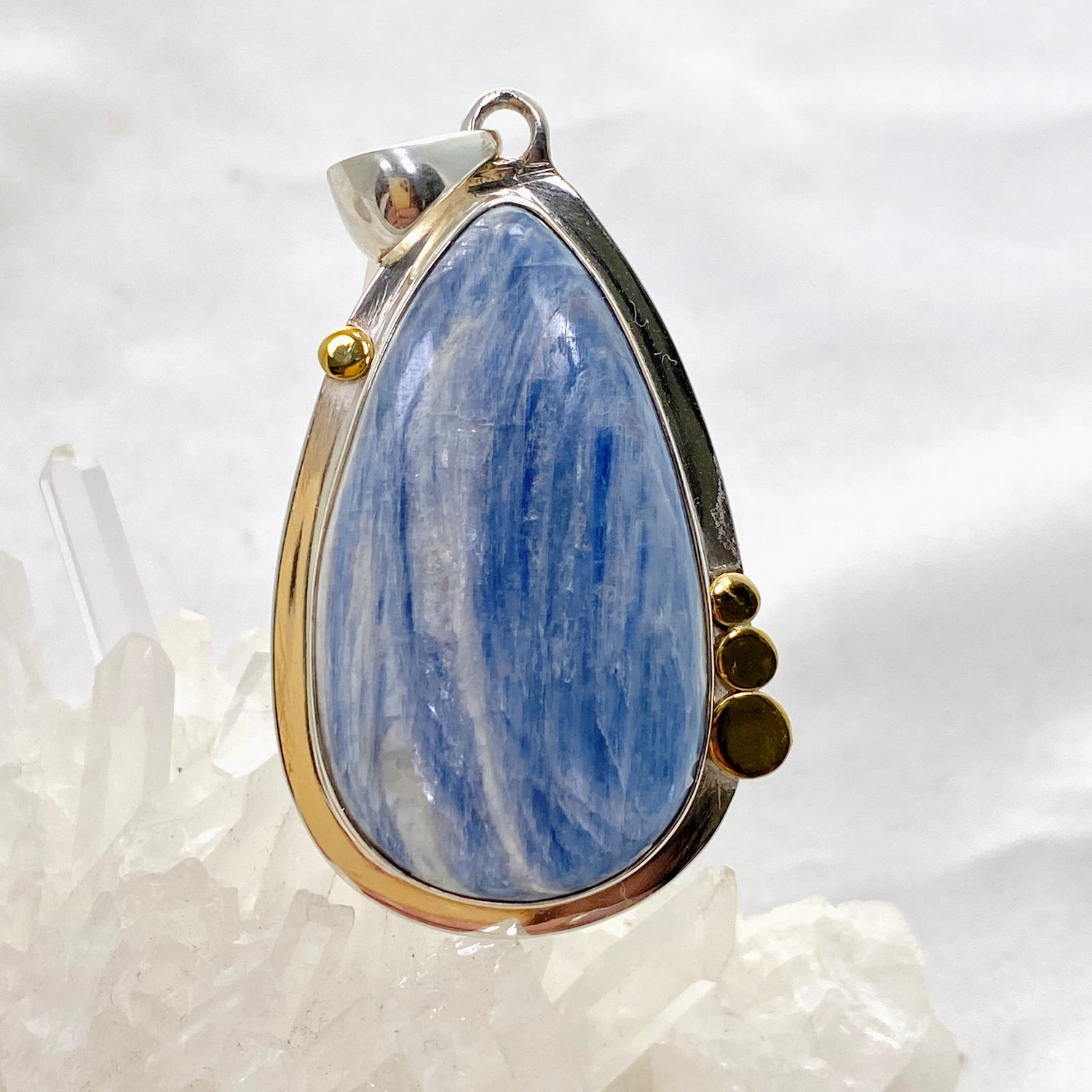 Blue Kyanite Teardrop Pendant with Brass Accents KPGJ4624