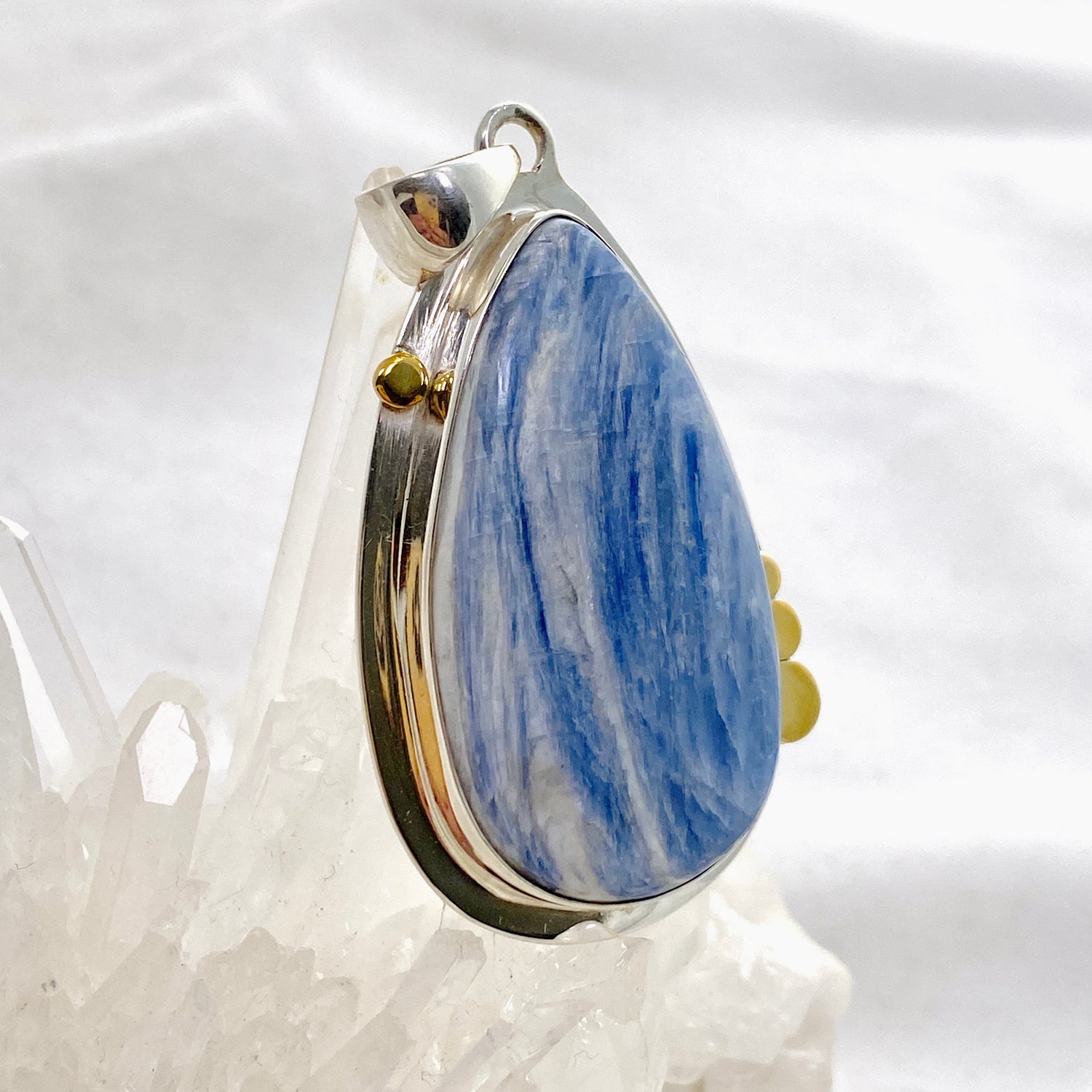 Blue Kyanite Teardrop Pendant with Brass Accents KPGJ4624