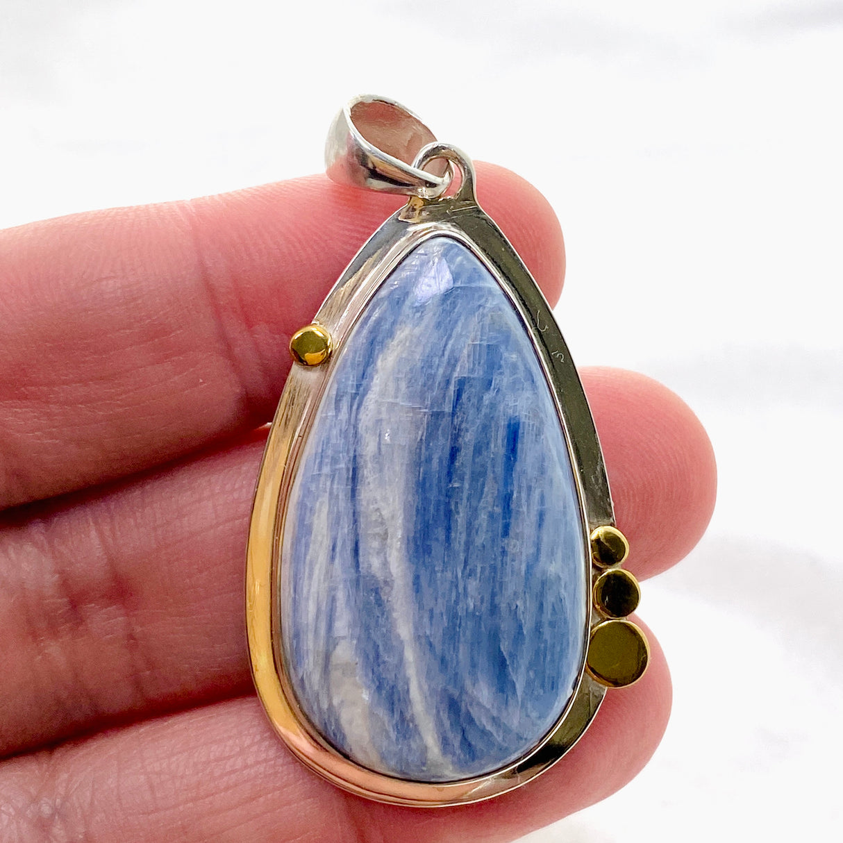 Blue Kyanite Teardrop Pendant with Brass Accents KPGJ4624