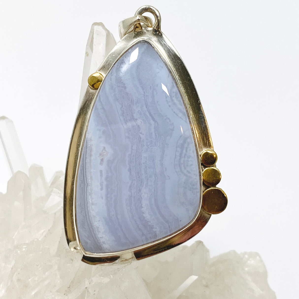 Blue Lace Agate Freeform Cabochon Pendant in a Decorative Setting KPGJ4835