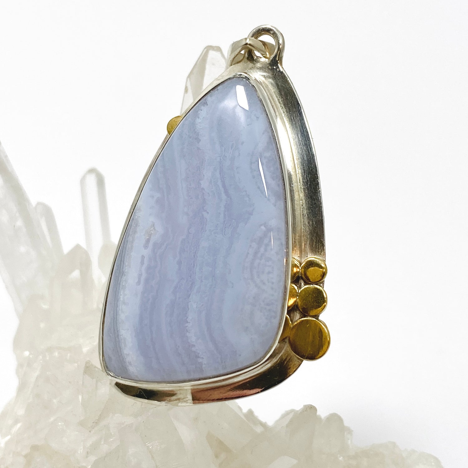 Blue Lace Agate Freeform Cabochon Pendant in a Decorative Setting KPGJ4835