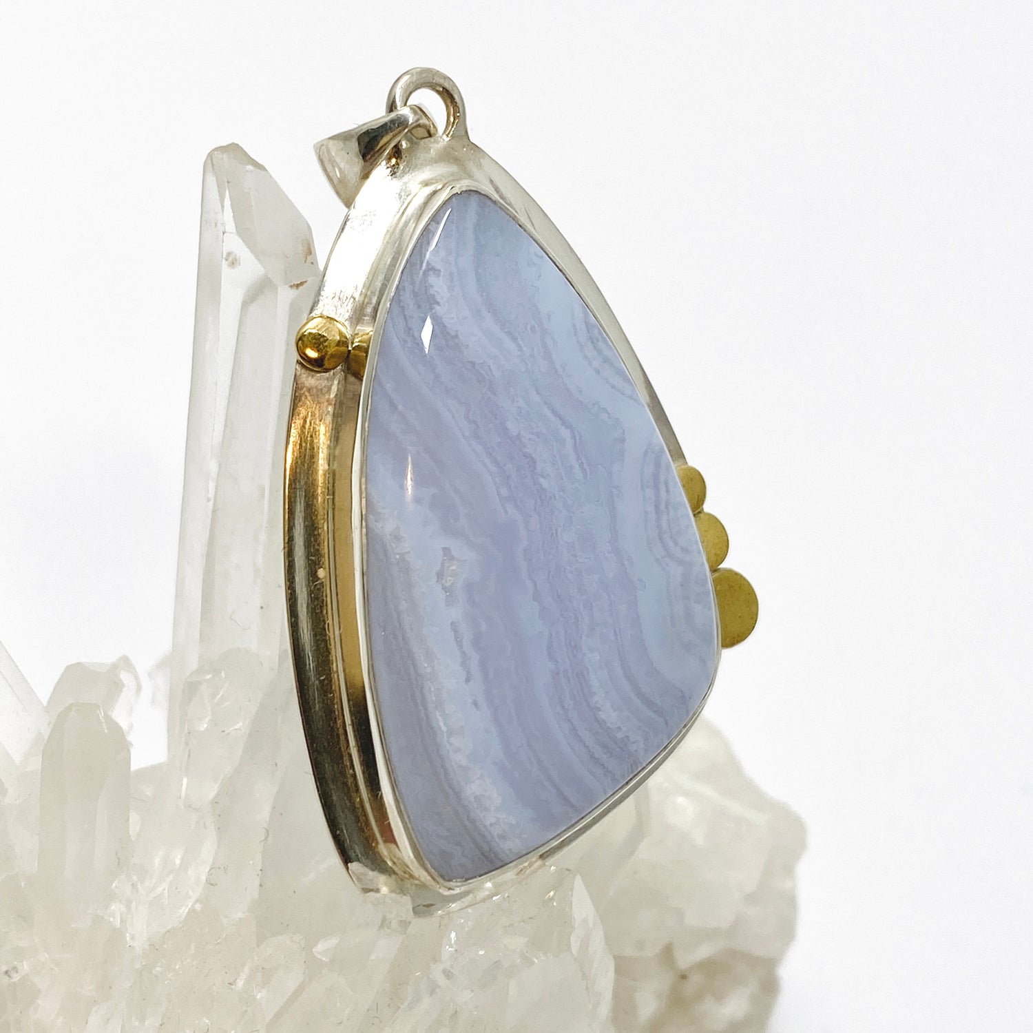 Blue Lace Agate Freeform Cabochon Pendant in a Decorative Setting KPGJ4835
