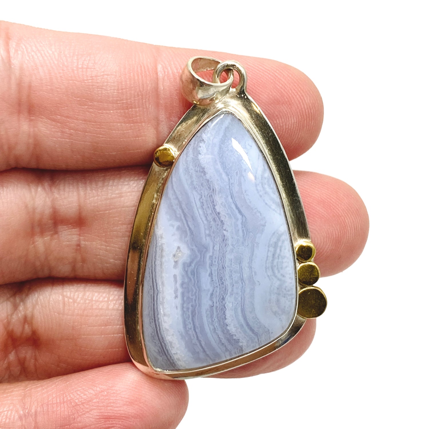 Blue Lace Agate Freeform Cabochon Pendant in a Decorative Setting KPGJ4835