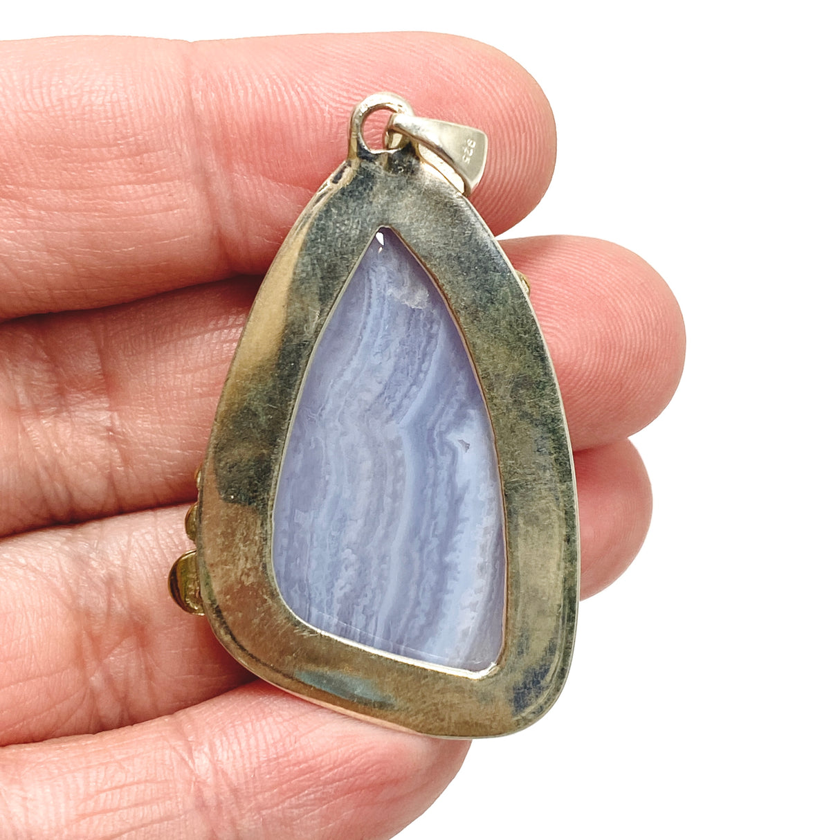 Blue Lace Agate Freeform Cabochon Pendant in a Decorative Setting KPGJ4835