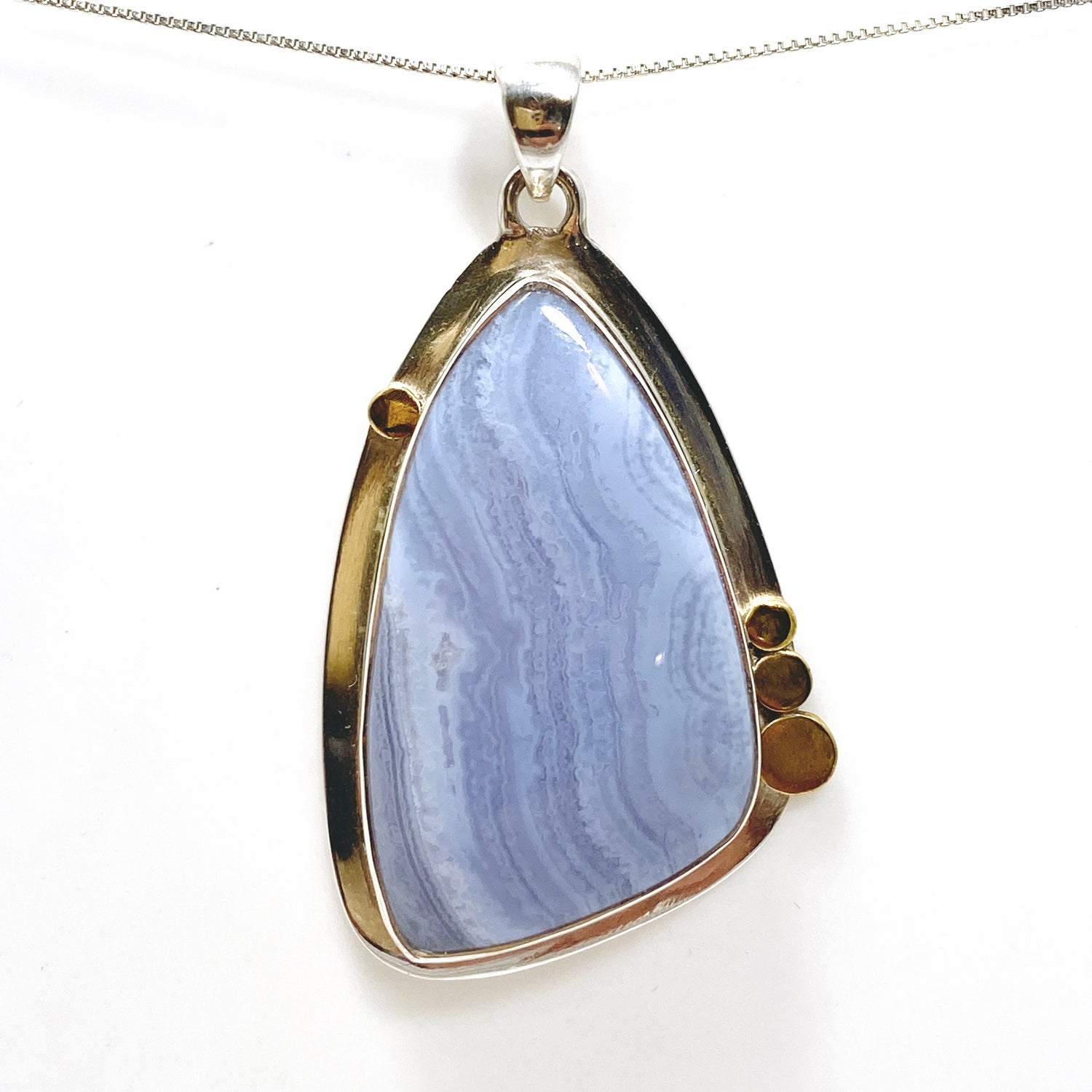 Blue Lace Agate Freeform Cabochon Pendant in a Decorative Setting KPGJ4835
