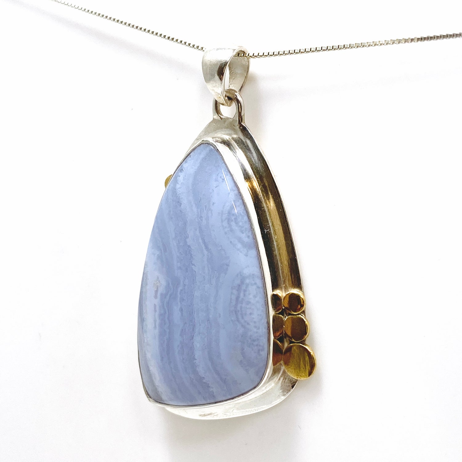 Blue Lace Agate Freeform Cabochon Pendant in a Decorative Setting KPGJ4835