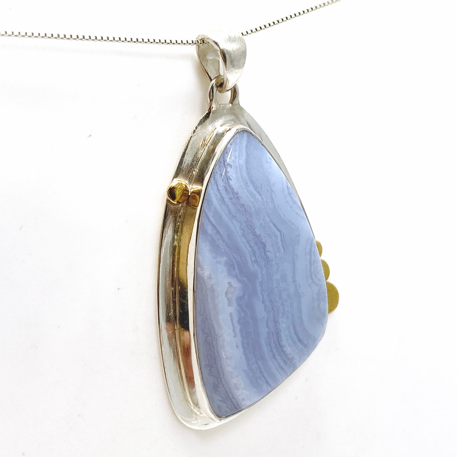 Blue Lace Agate Freeform Cabochon Pendant in a Decorative Setting KPGJ4835