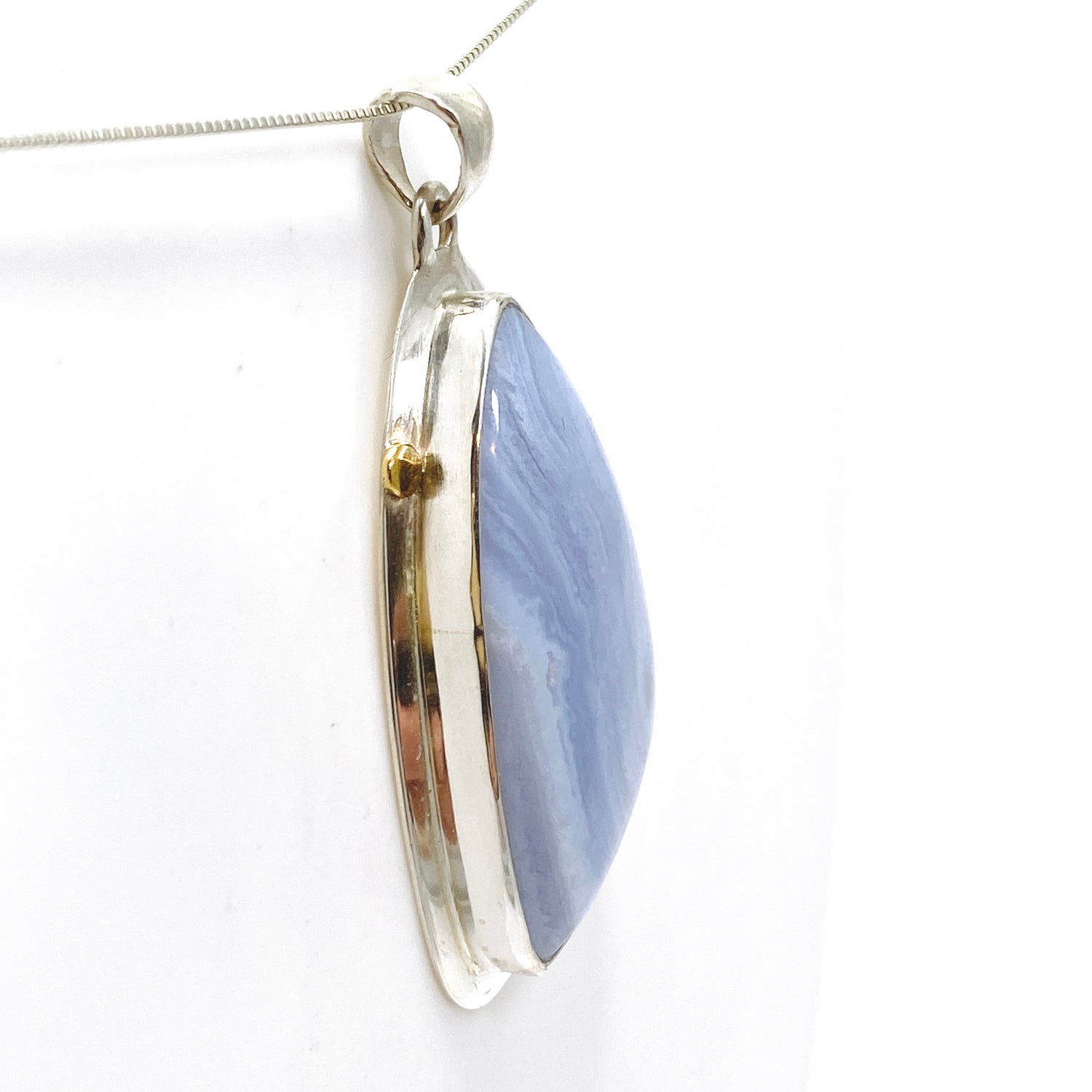 Blue Lace Agate Freeform Cabochon Pendant in a Decorative Setting KPGJ4835
