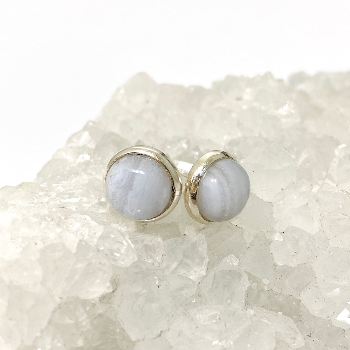 Blue Lace Agate Oval Cabochon Bezel Set Earrings PSE031