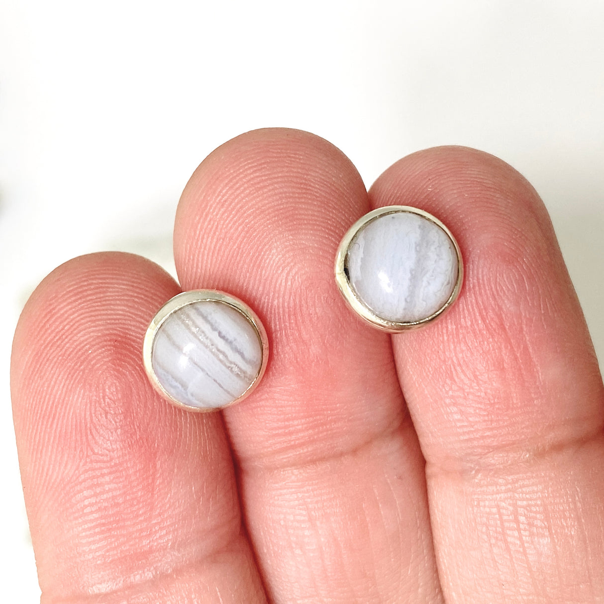 Blue Lace Agate Oval Cabochon Bezel Set Earrings PSE031
