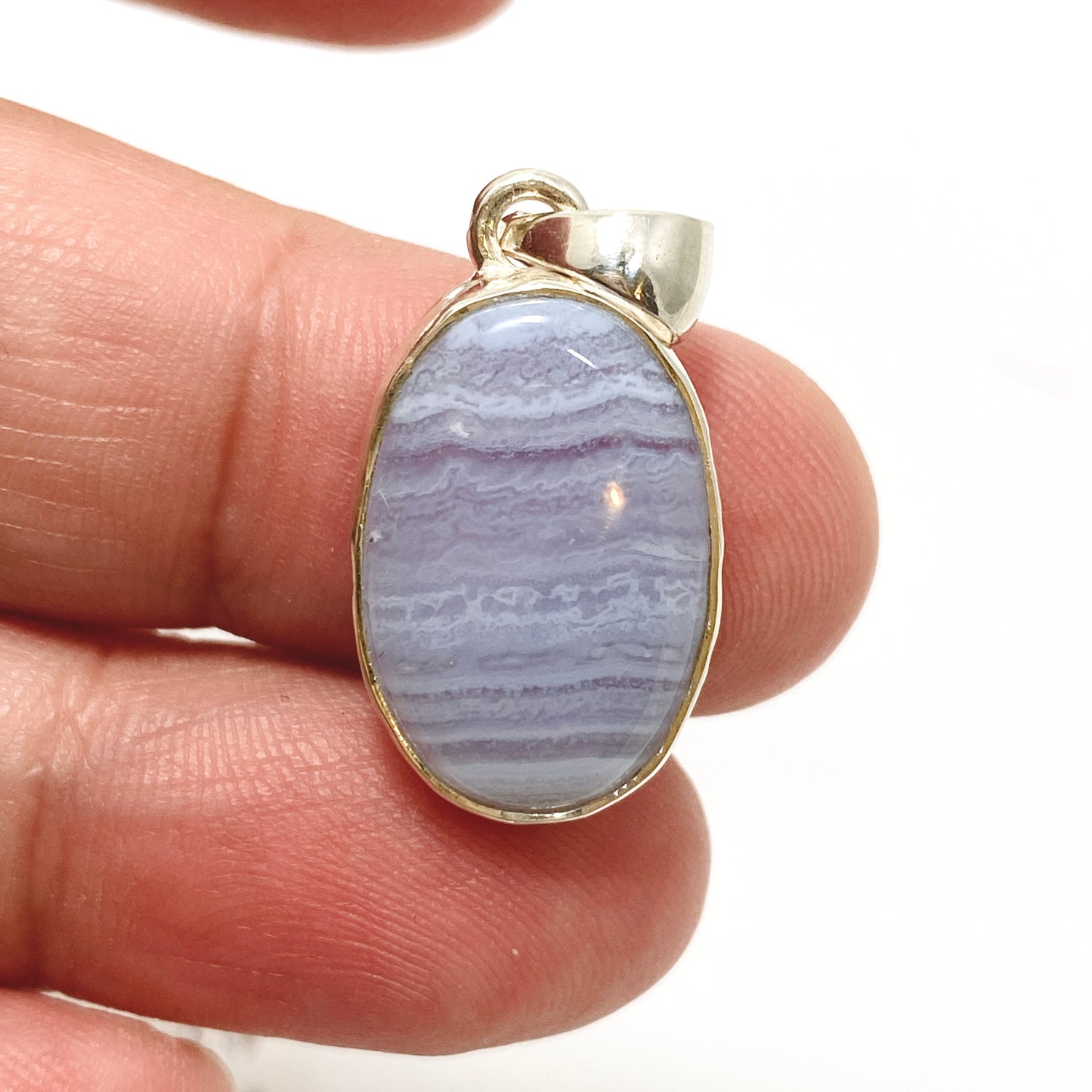 Blue Lace Agate Oval Cabochon Pendant in a Hammered Setting KPGJ4818