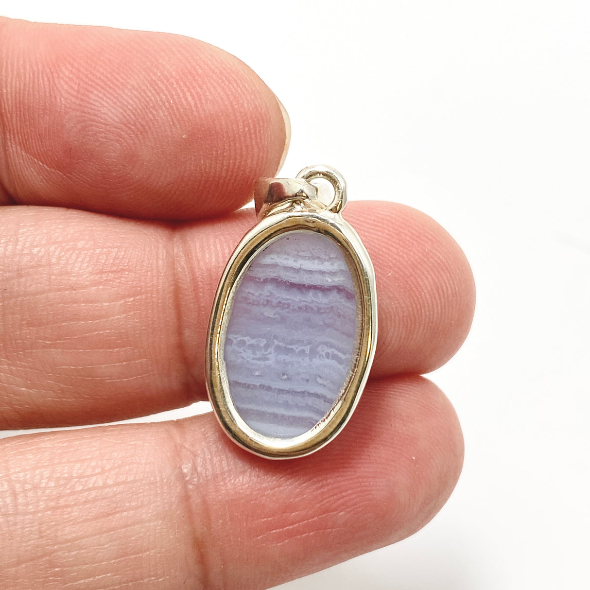 Blue Lace Agate Oval Cabochon Pendant in a Hammered Setting KPGJ4818