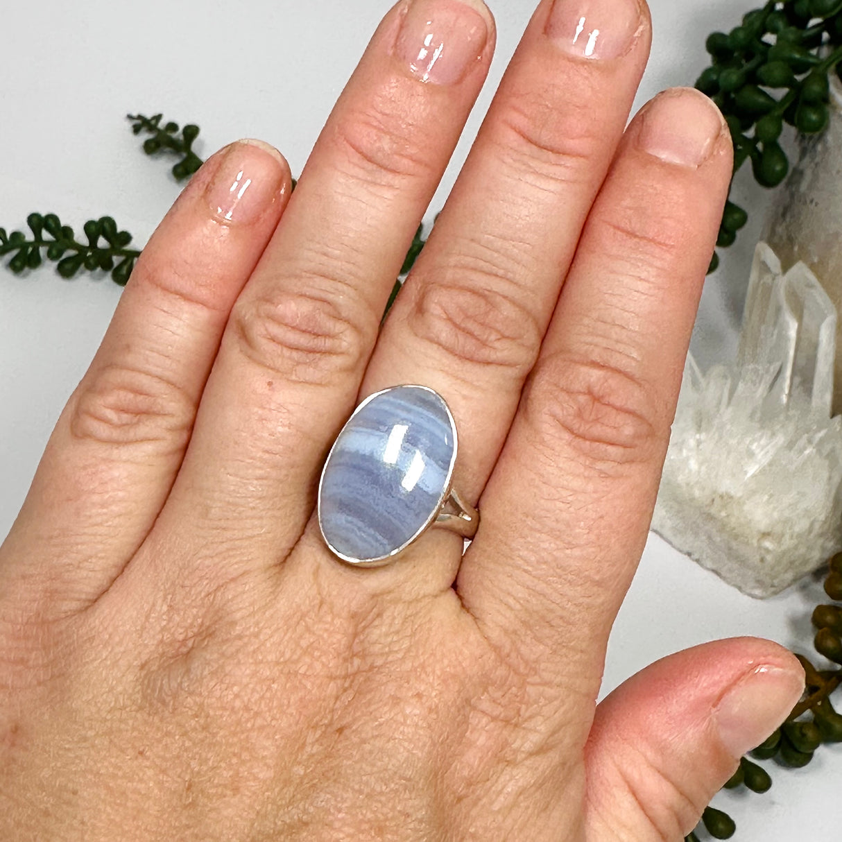 Blue Lace Agate Oval Cabochon Ring Size 8 KRGJ3377