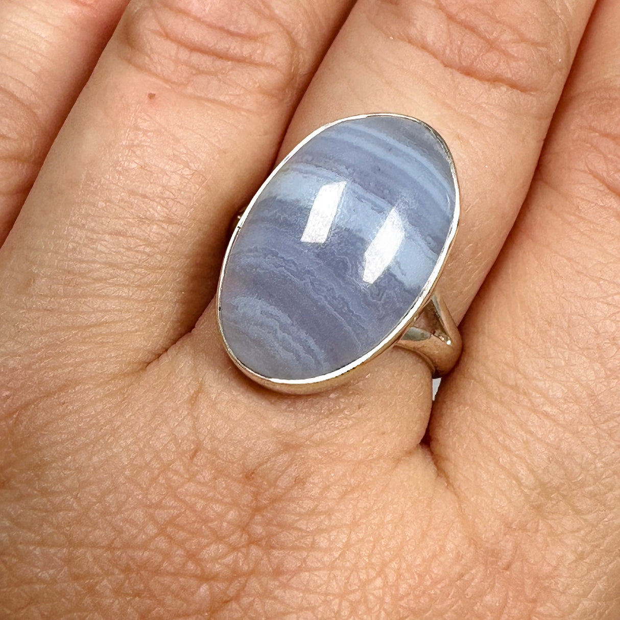 Blue Lace Agate Oval Cabochon Ring Size 8 KRGJ3377