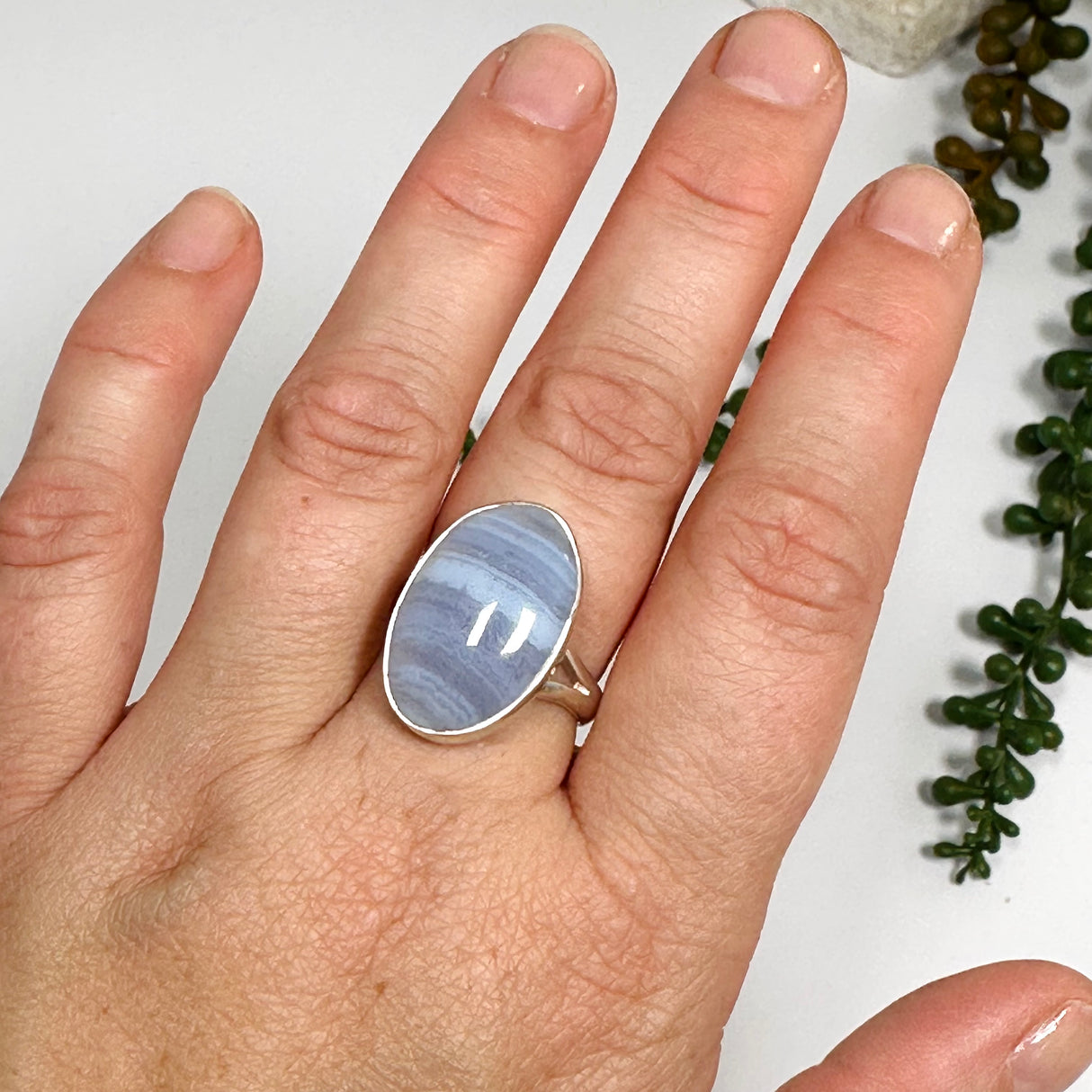 Blue Lace Agate Oval Cabochon Ring Size 8 KRGJ3377