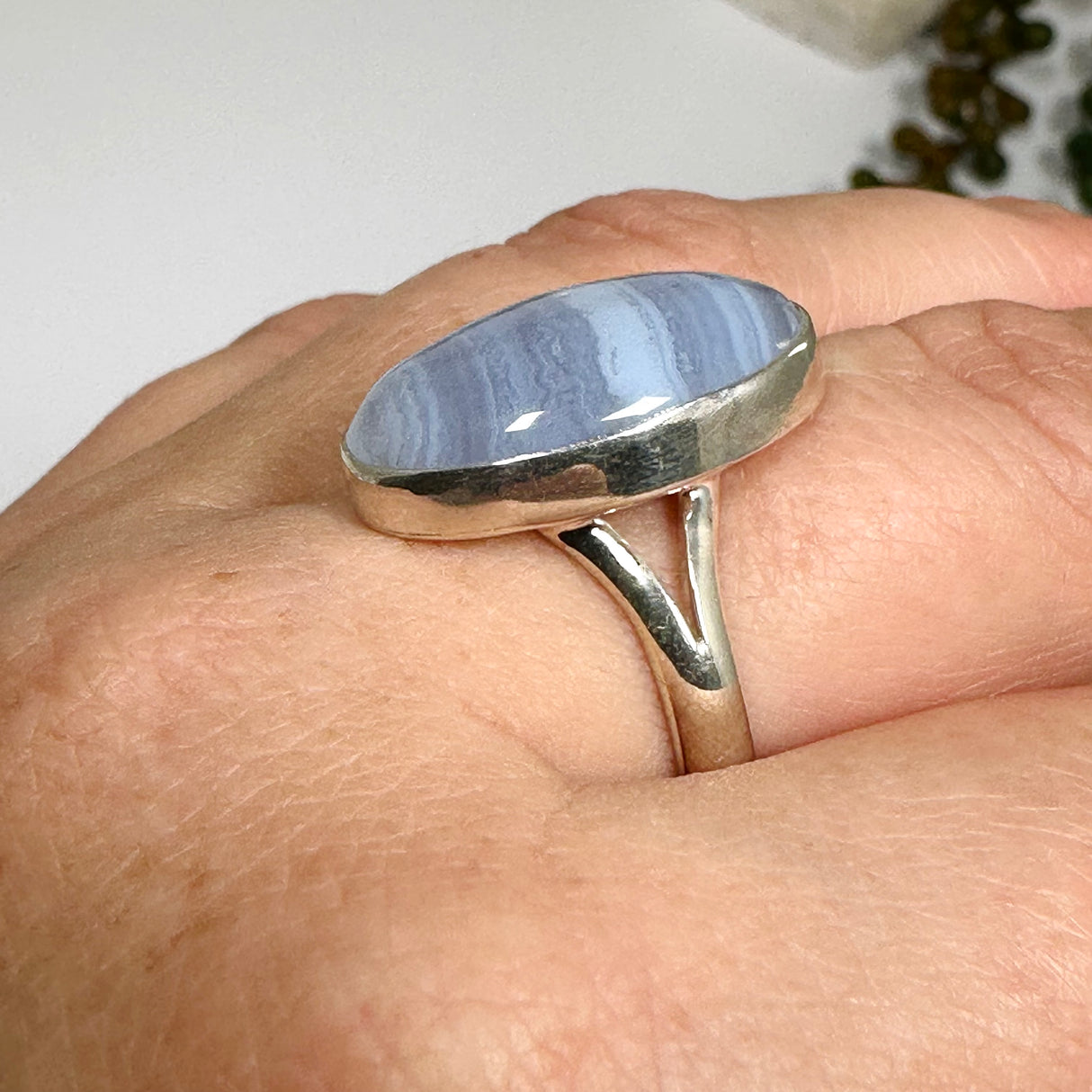 Blue Lace Agate Oval Cabochon Ring Size 8 KRGJ3377