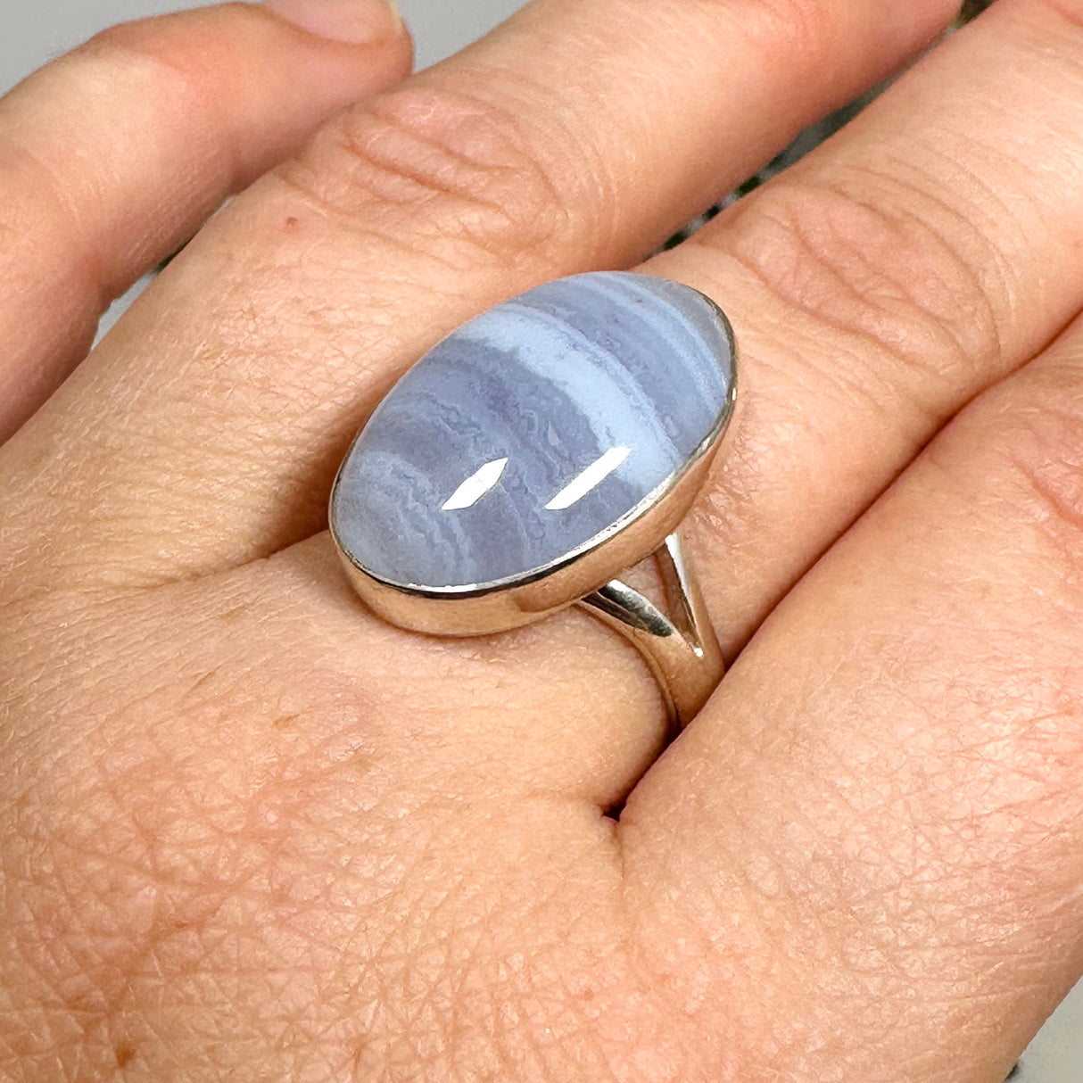Blue Lace Agate Oval Cabochon Ring Size 8 KRGJ3377