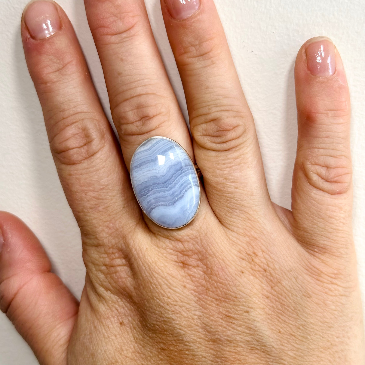 Blue Lace Agate Oval Cabochon Ring Size 9 KRGJ3376