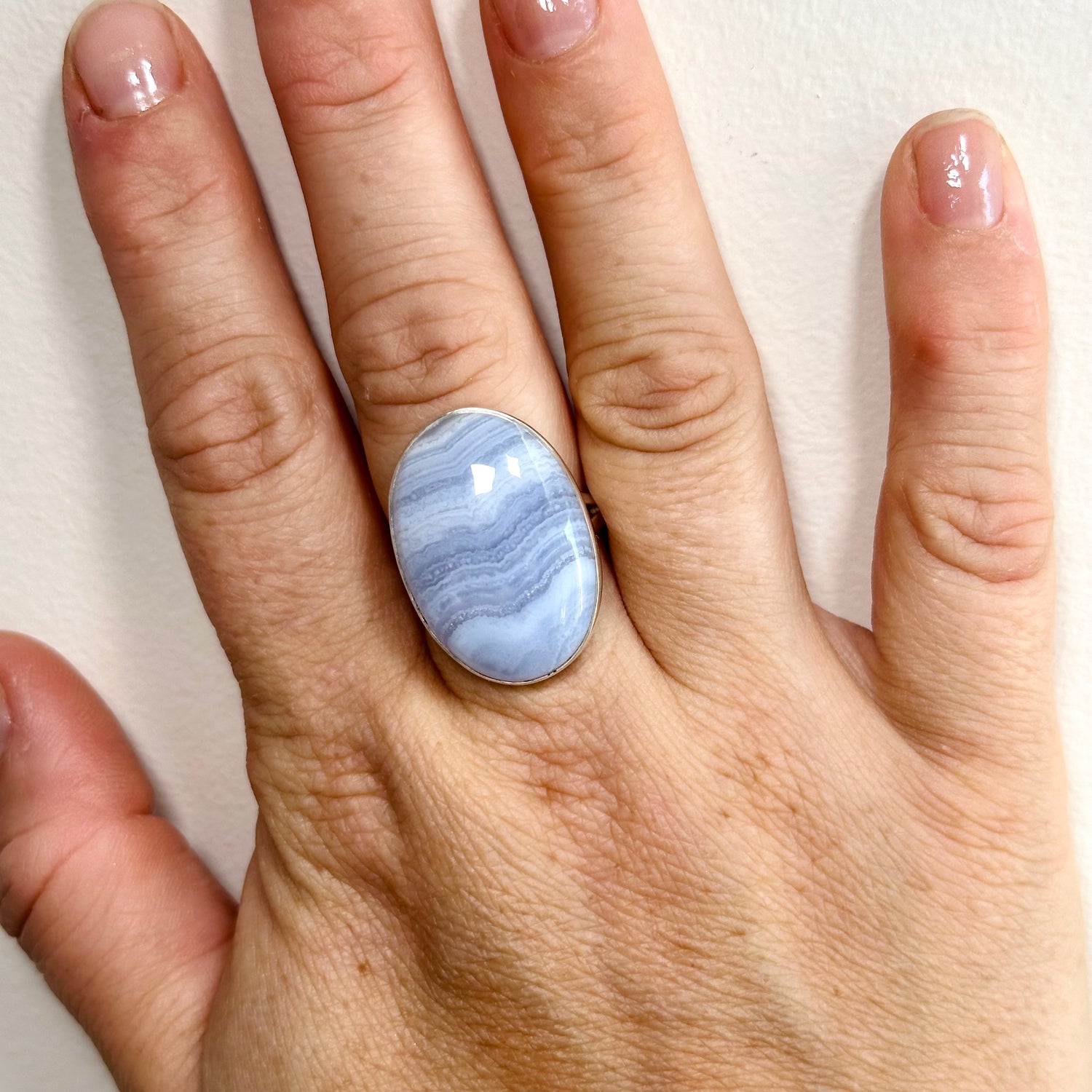 Blue Lace Agate Oval Cabochon Ring Size 9 KRGJ3376
