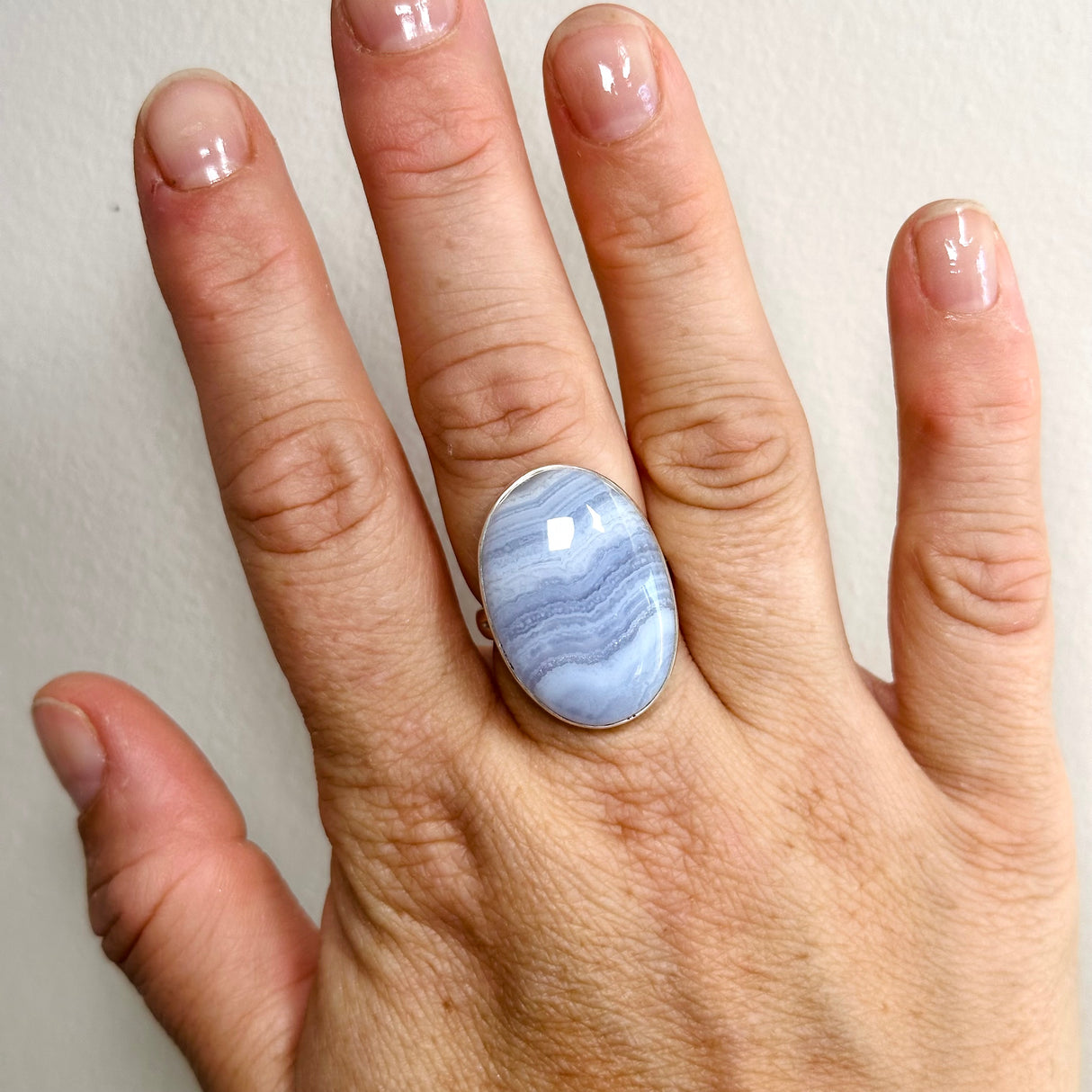 Blue Lace Agate Oval Cabochon Ring Size 9 KRGJ3376