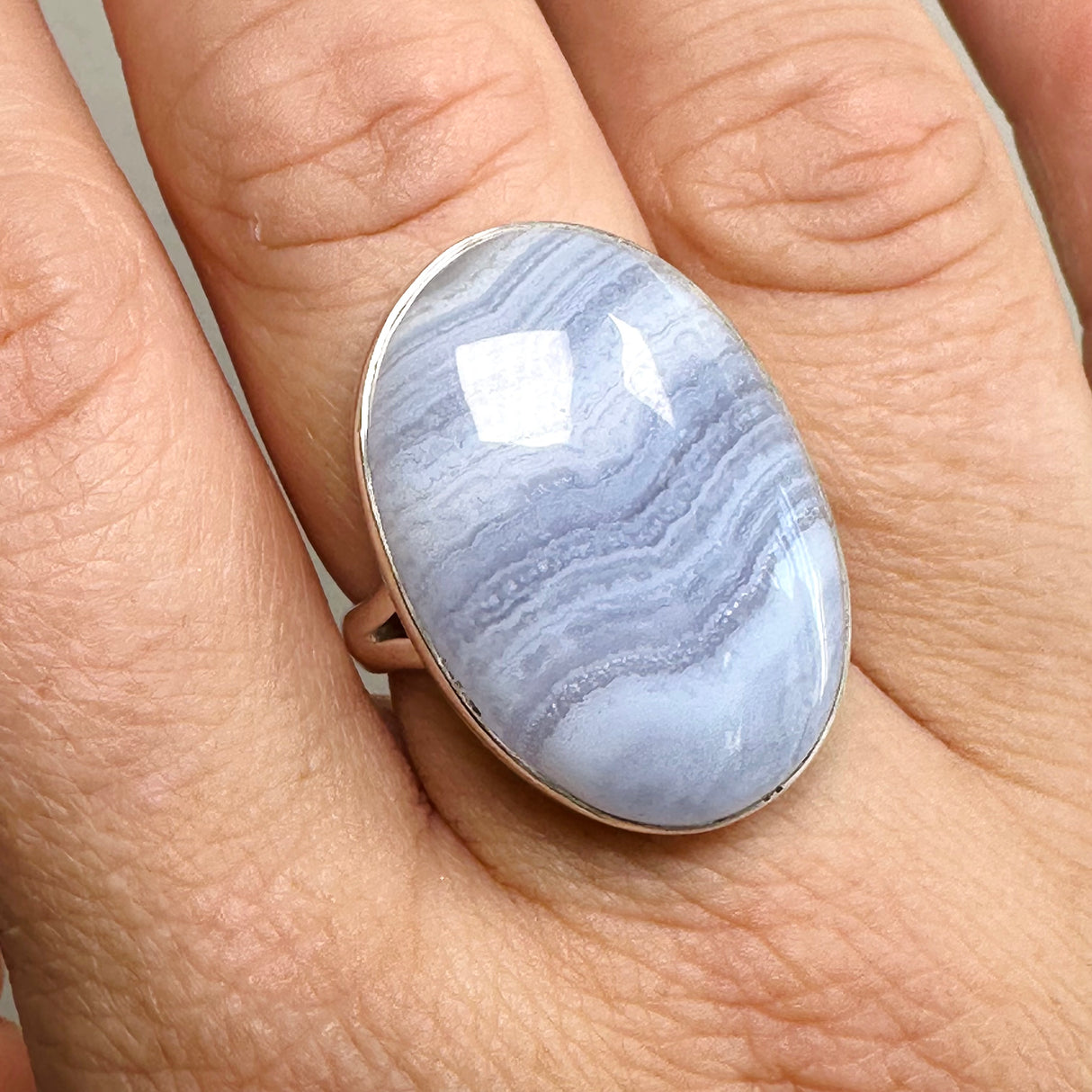 Blue Lace Agate Oval Cabochon Ring Size 9 KRGJ3376