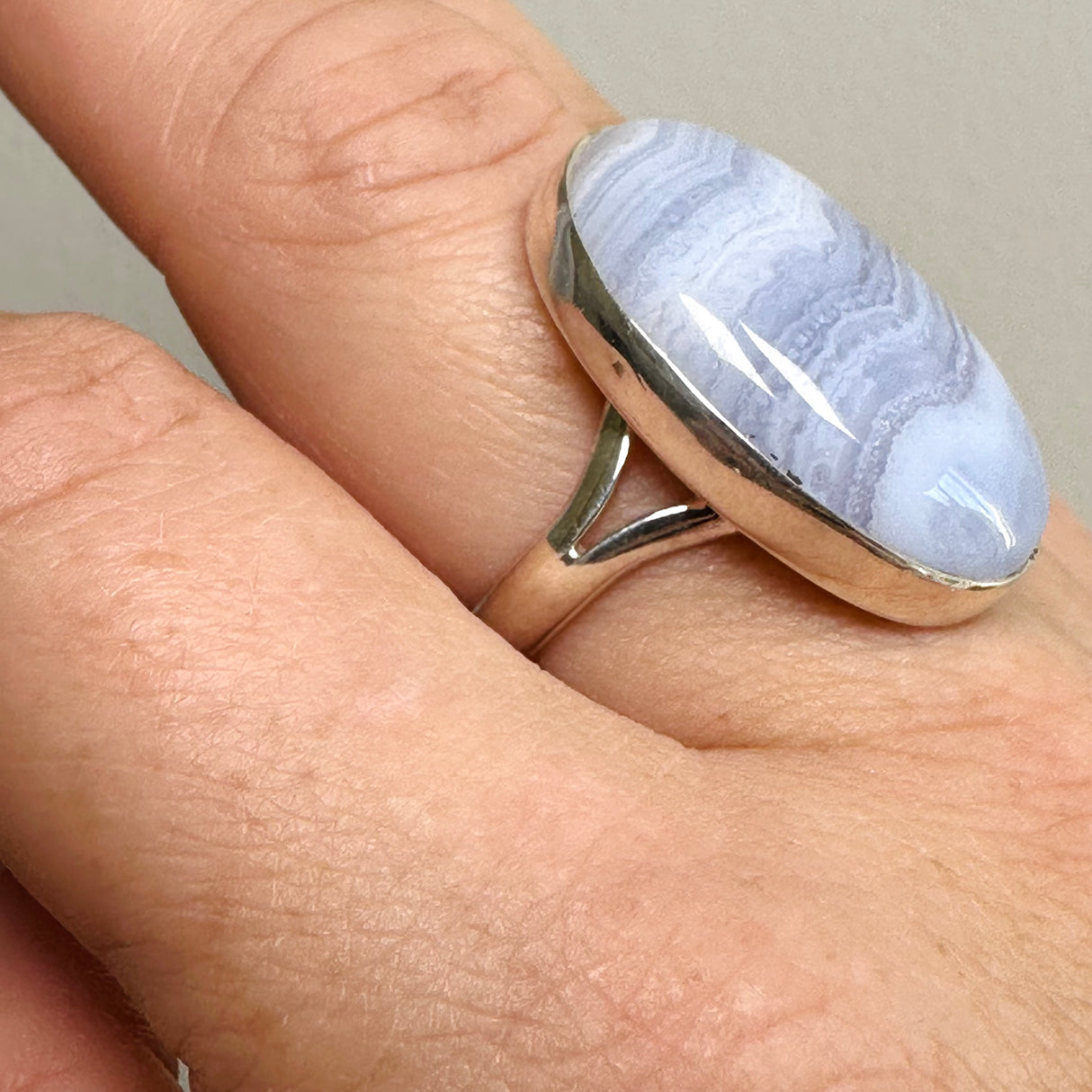Blue Lace Agate Oval Cabochon Ring Size 9 KRGJ3376