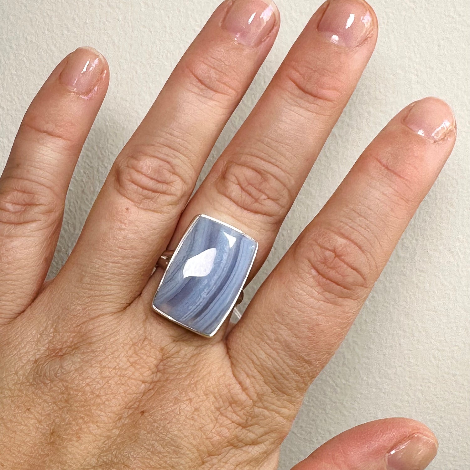 Blue Lace Agate Rectangular Cabochon Ring Size 8 KRGJ3382
