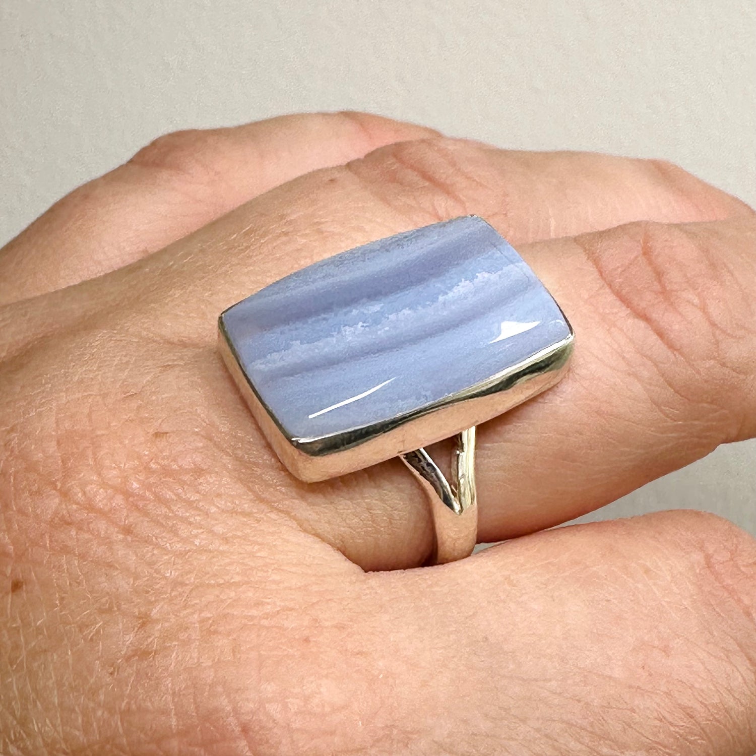 Blue Lace Agate Rectangular Cabochon Ring Size 8 KRGJ3382
