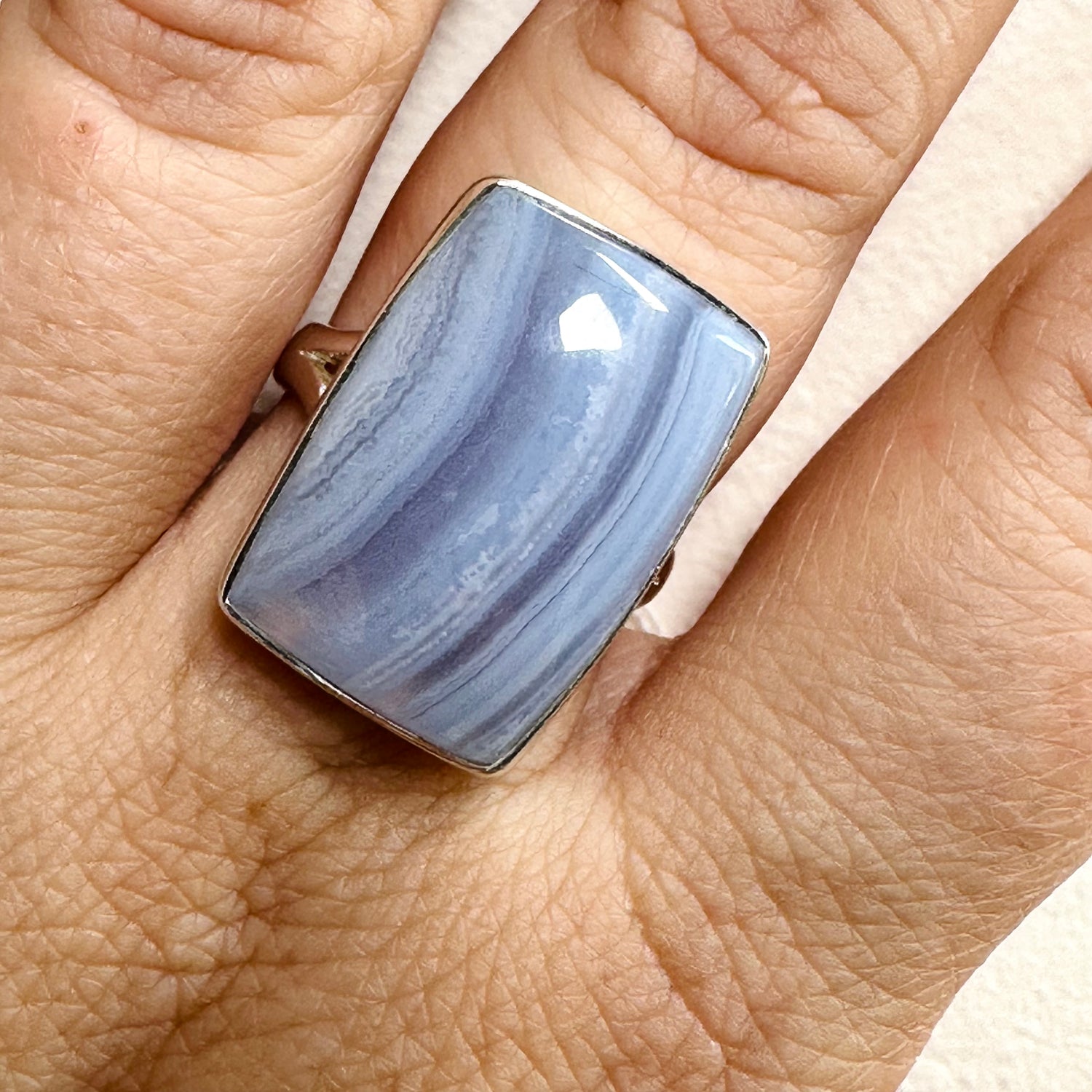 Blue Lace Agate Rectangular Cabochon Ring Size 8 KRGJ3382