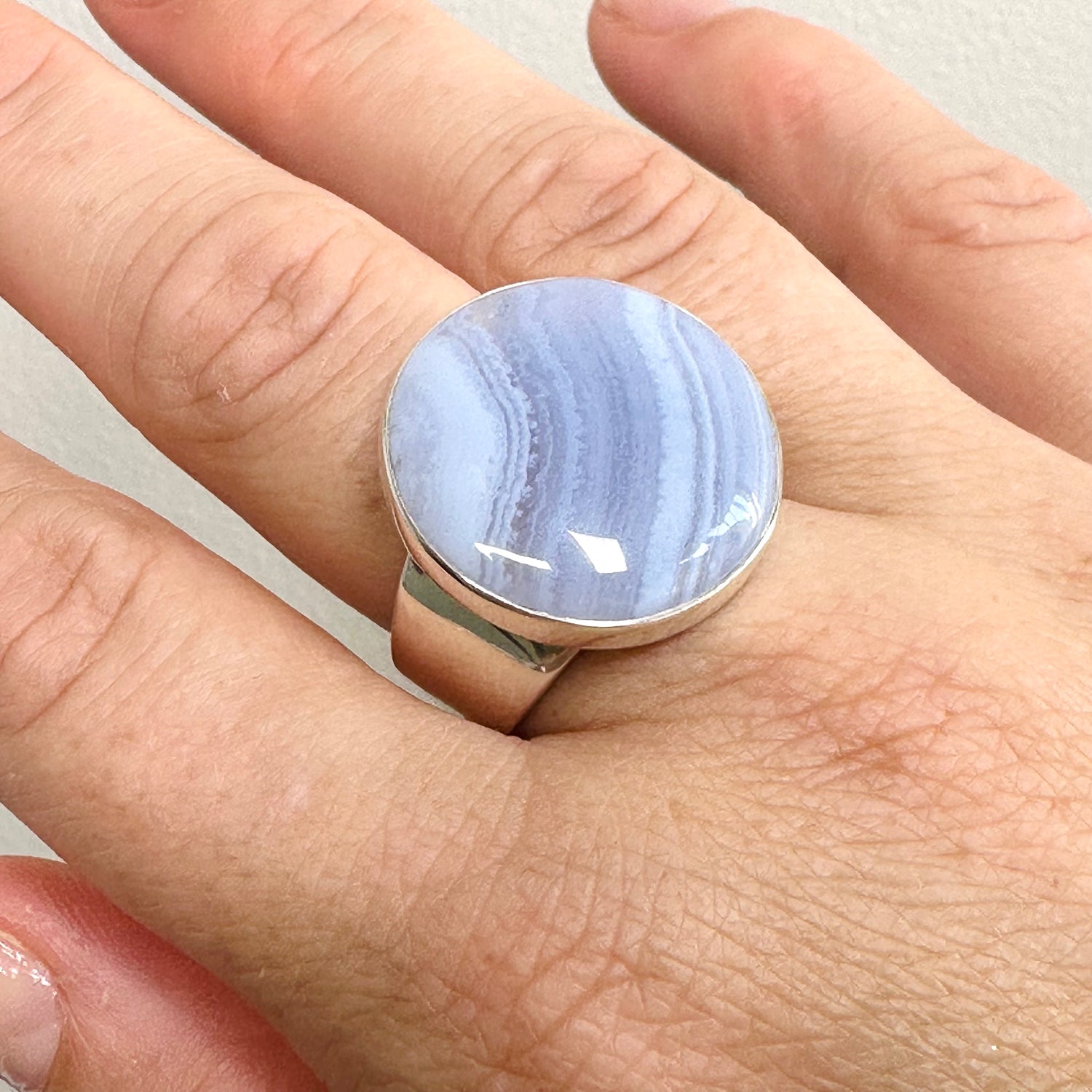 Blue Lace Agate Round Cabochon Ring Size 11 KRGJ3371