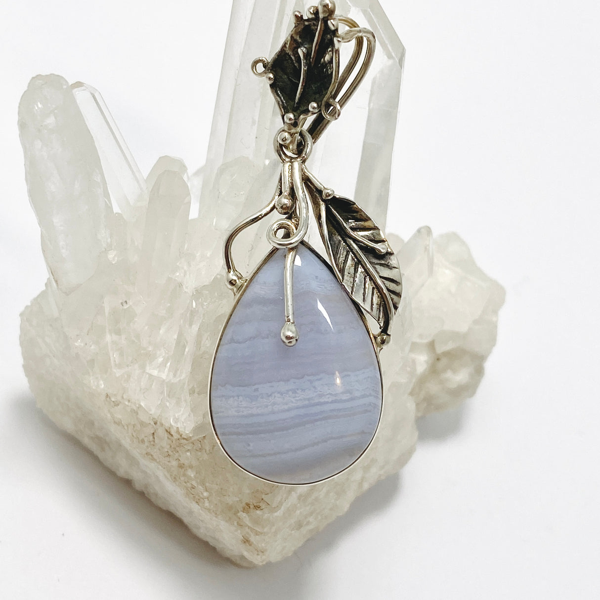 Blue Lace Agate Teardrop Cabochon Pendant in a Botanical Setting PPGJ989